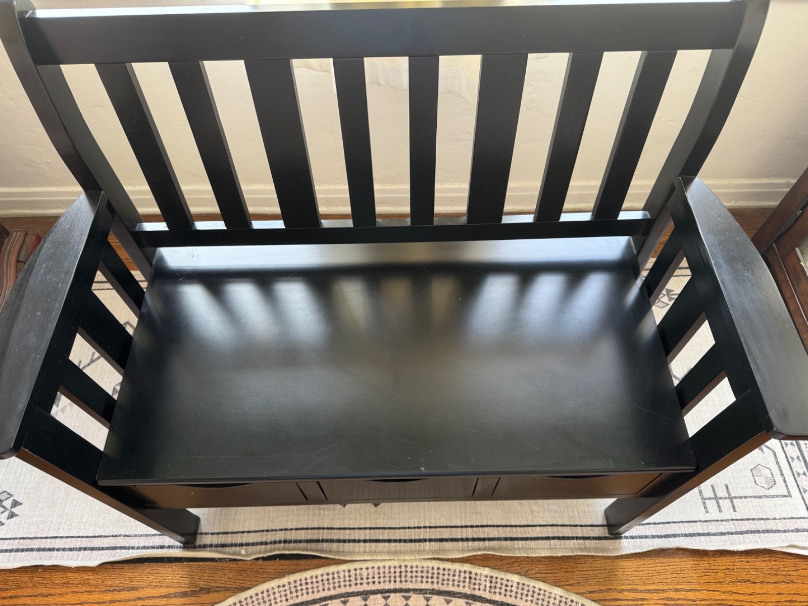 Solid Wood Slat Back Storage Bench Seats Two (ASSEMBLED)