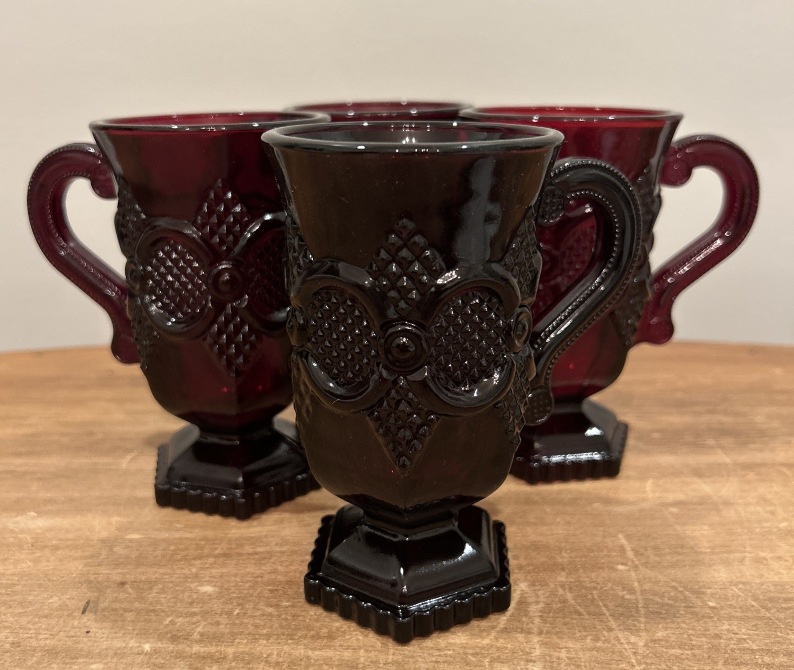 AVON 1876 CAPE COD COLLECTION RUBY RED PEDESTAL MUGS Set of 4 Vintage