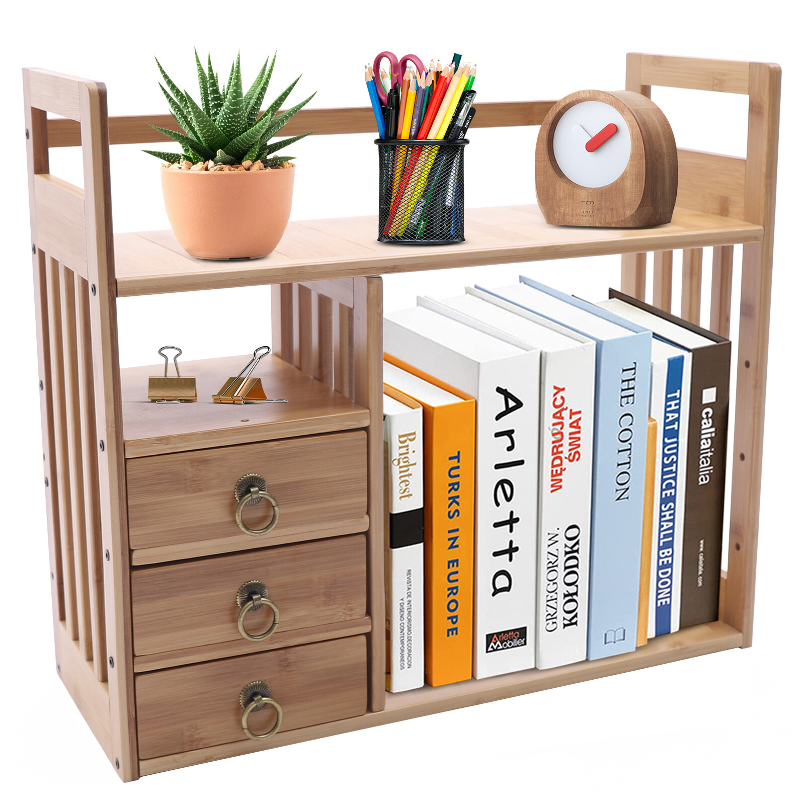 Wood Storage Rack Desktop Bookshelf Desk Organizer Tabletop Display Shelf