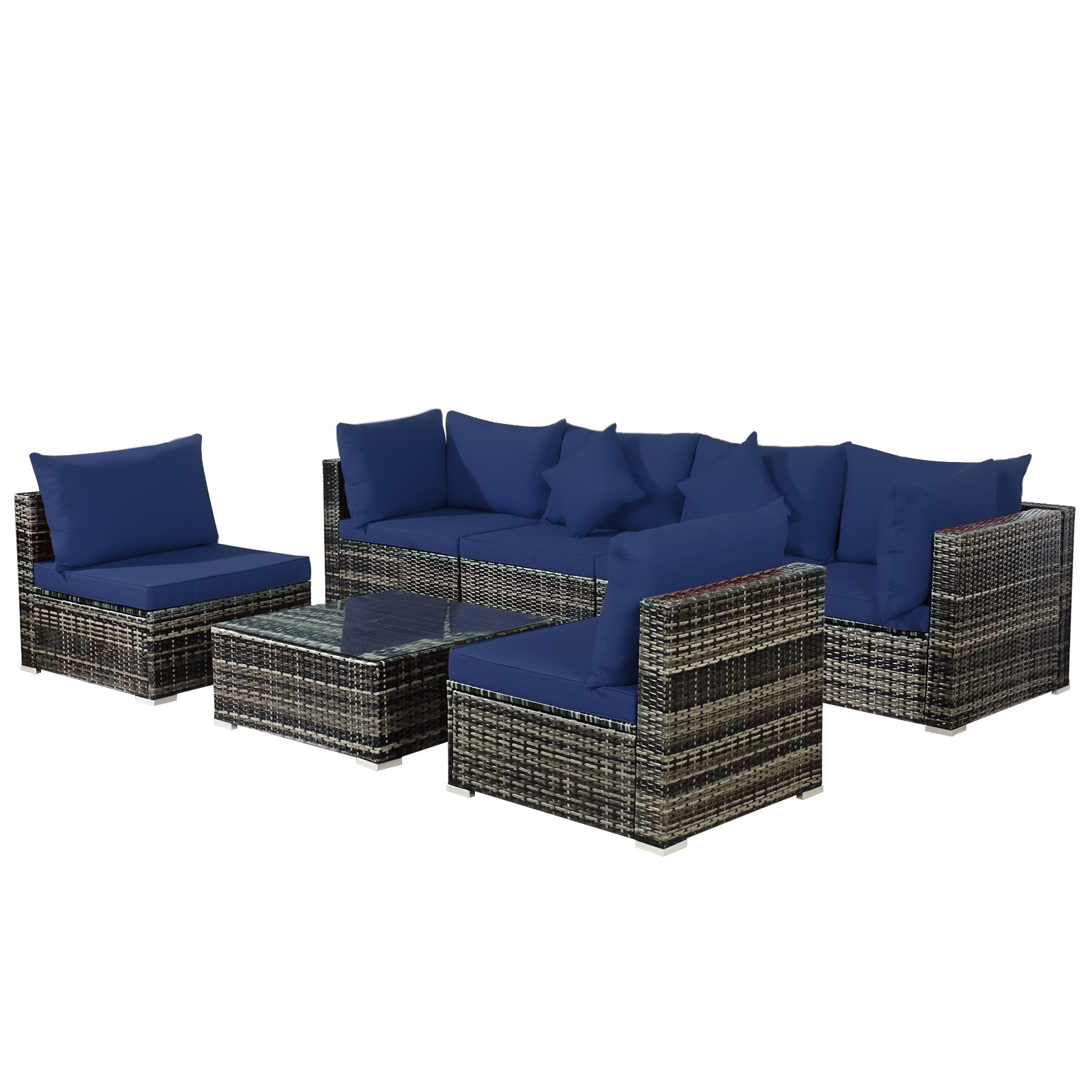 Patiojoy Patio 7PCS Rattan Furniture Set Sectional Sofa Garden Navy Cushion