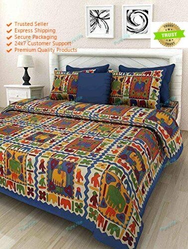 Rajasthani Multi Printed Cotton Double Bed Sheet With 2 Pillow Cover 90x100