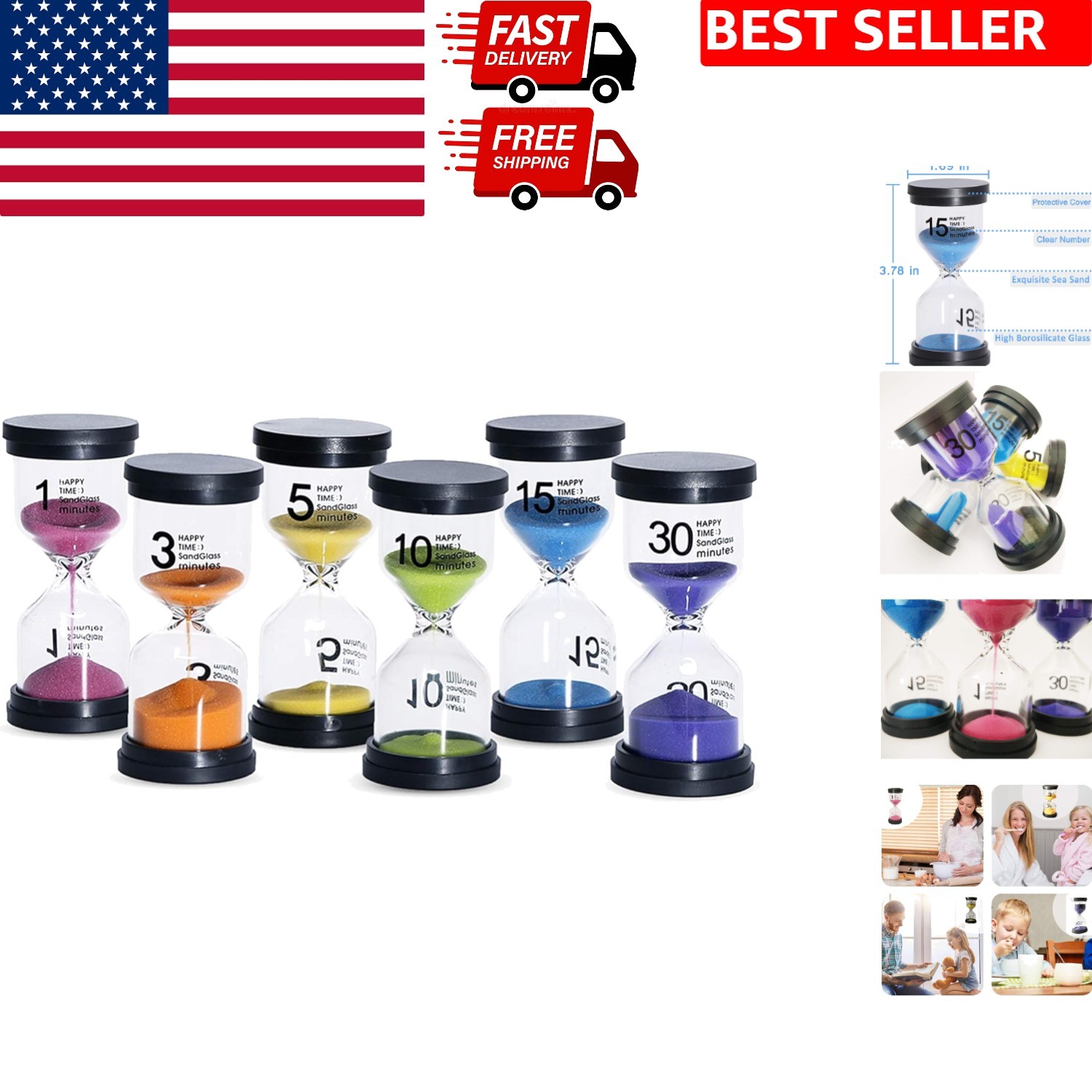 Colorful 6-Pack Hourglass Timer Set for Kids & Home