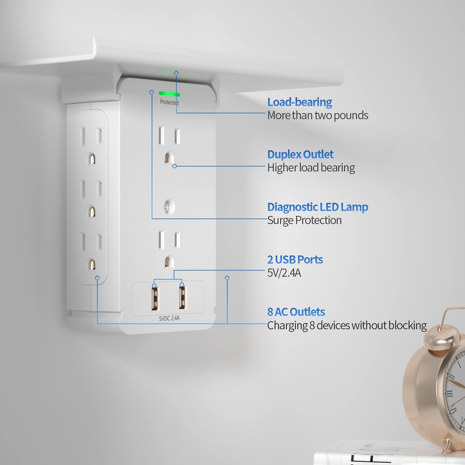 Socket Wall Shelf-CFMASTER 10 Port Surge Protector Wall Outlet, 8 Electrical ...