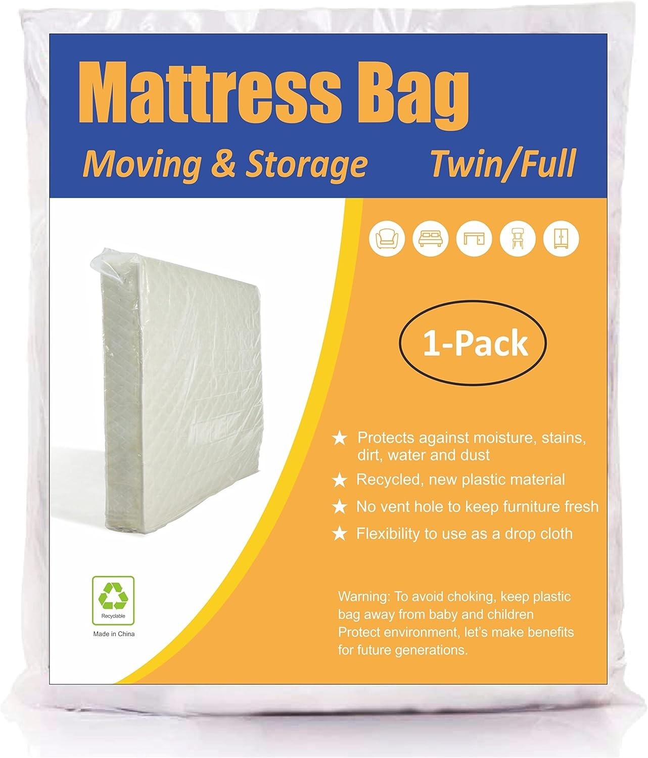 Lightweight Twin/Full Mattress Bag - Clear Polyethylene Storage Solution