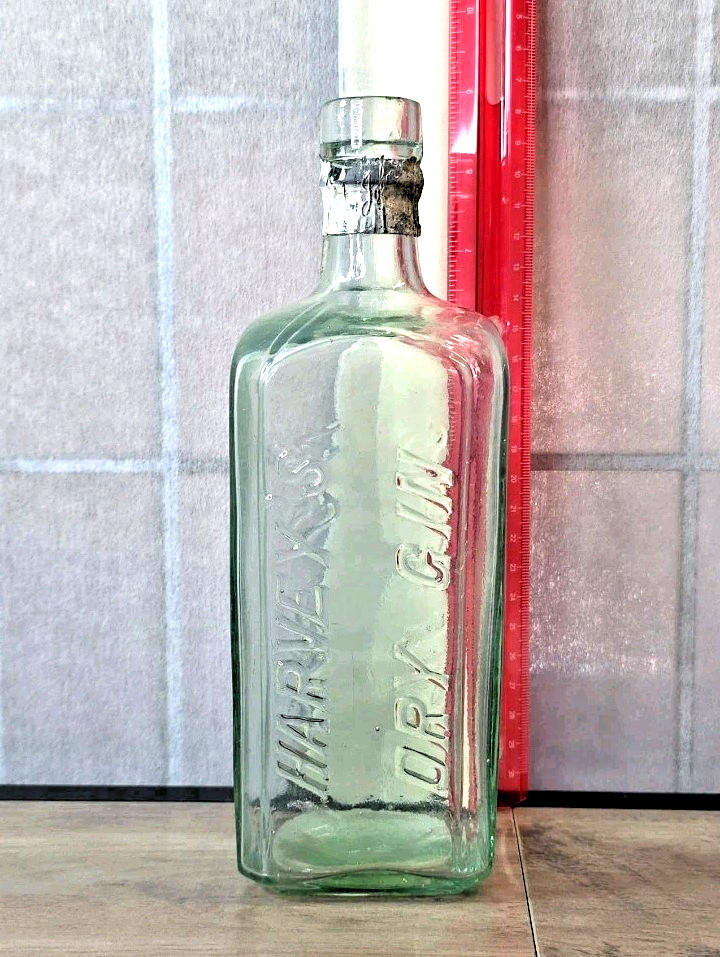 Antique 1890s HARVEY’S DRY GIN 9” Tall Old Spirits Liquor Bottle w/ Cork Top