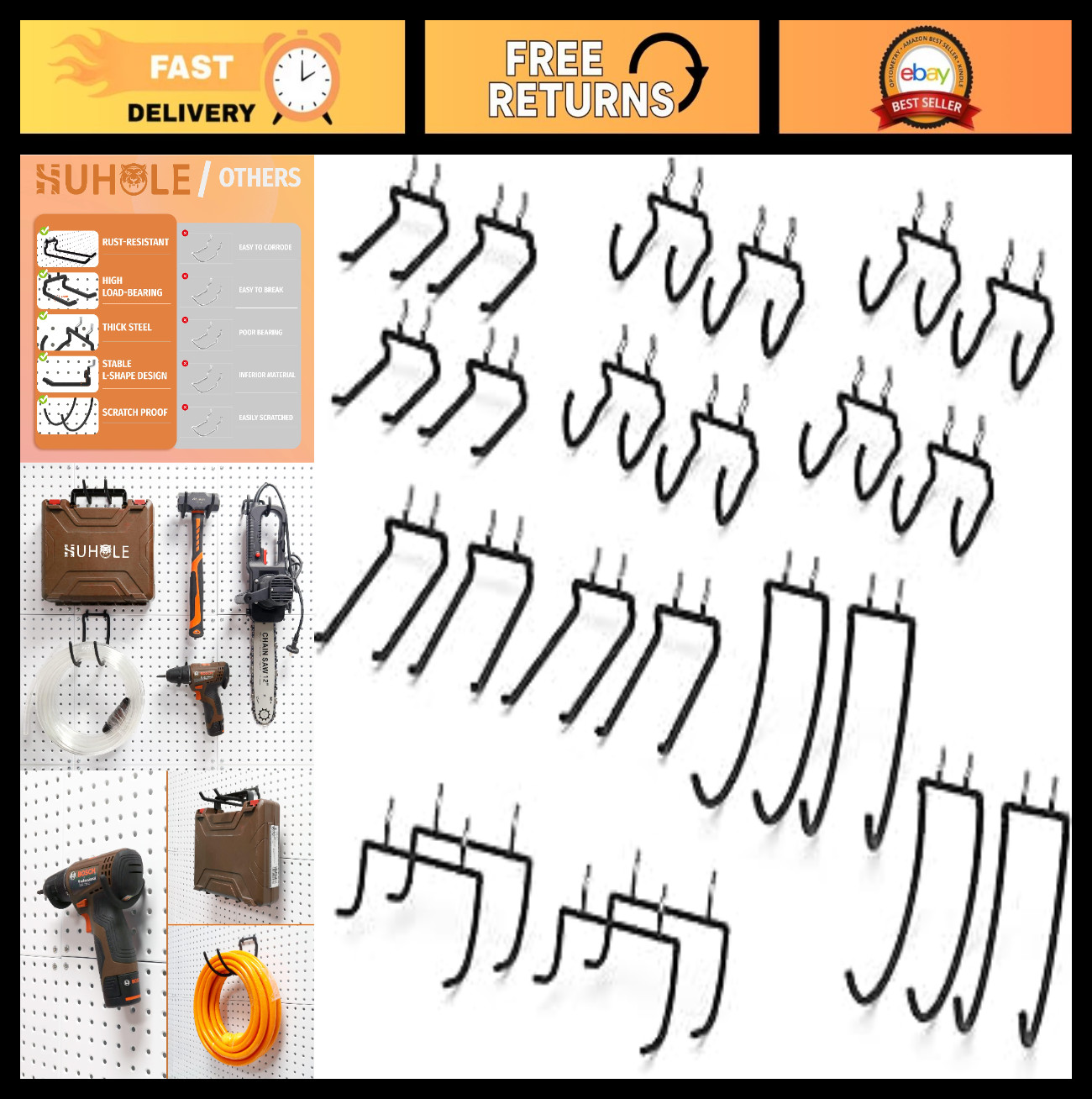 24 Pack Pegboard Hooks for Tools - Heavy Duty Utility Holders for Drills, Hammer