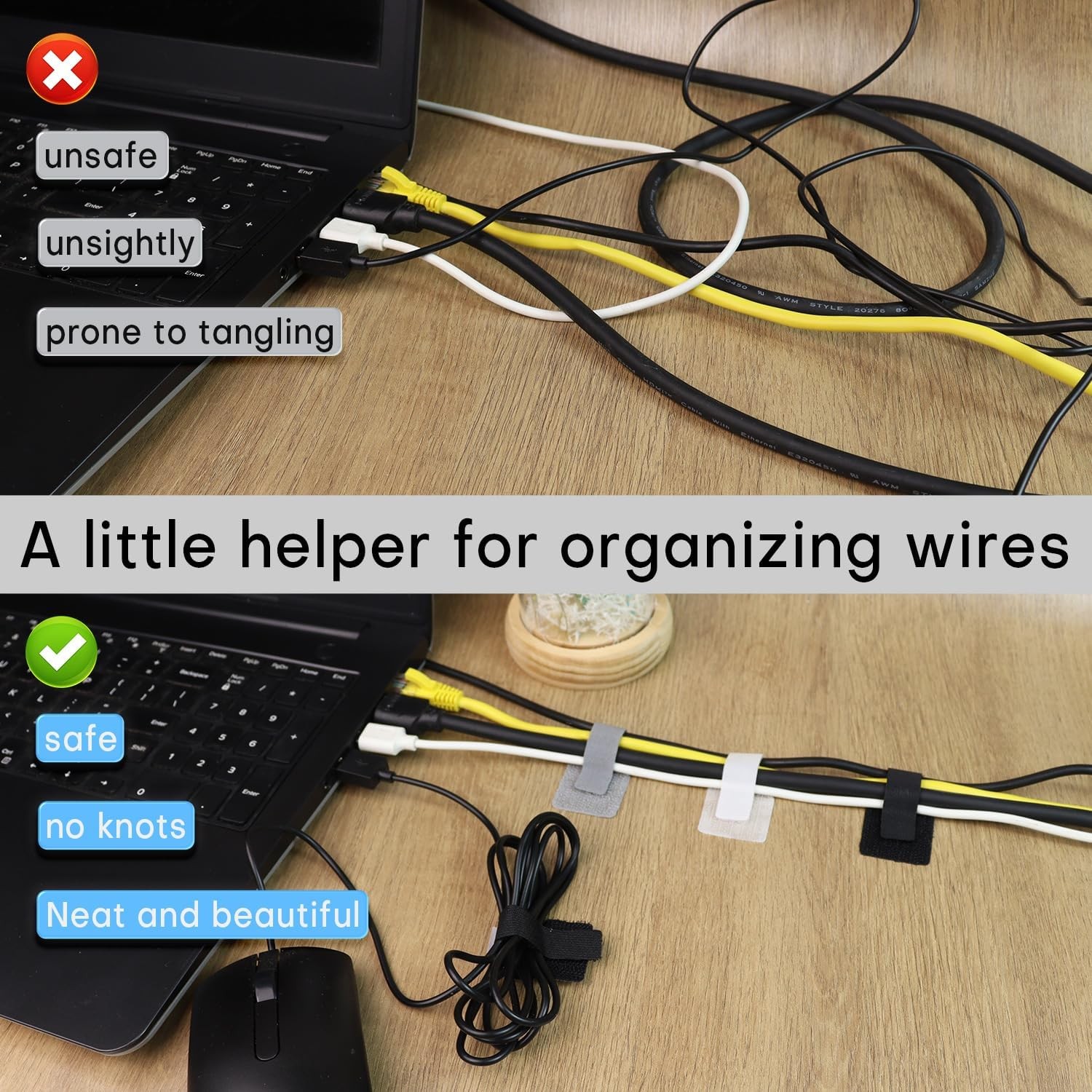 60-Pack Hook & Loop Cable Ties with Adhesive Clips for Home & Office