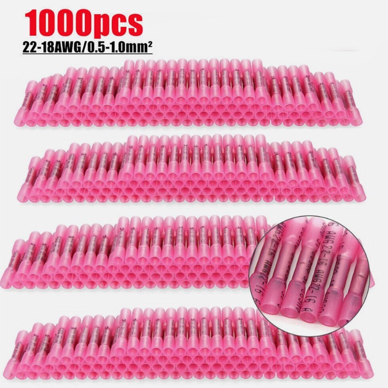 1000PCS 22-16AWG Heat Shrink Butt Wire Splice Crimp Connectors Terminals Set USA