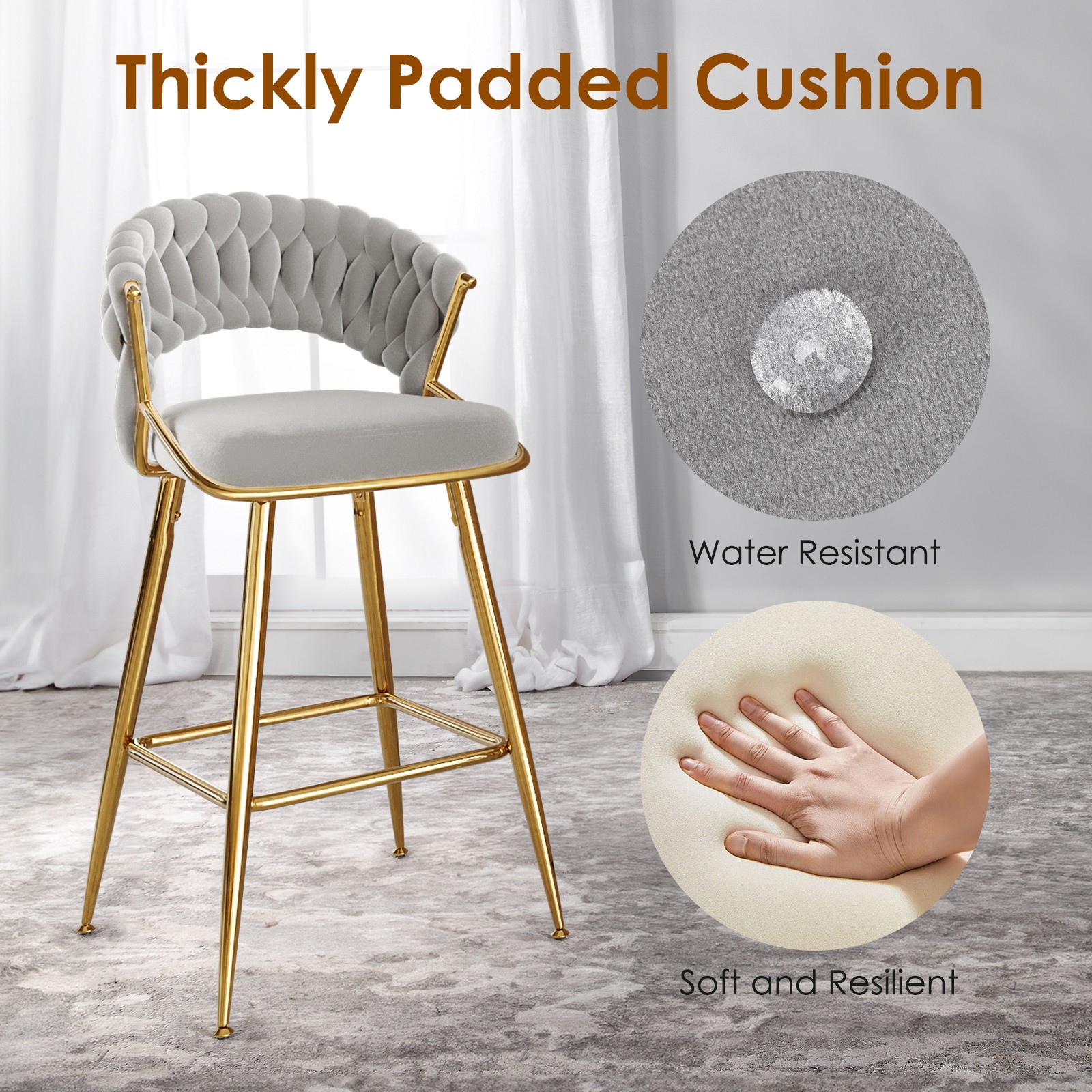 25.2" Modern Velvet Counter Stool with Gold Accents, Ergonomic Design & Plush