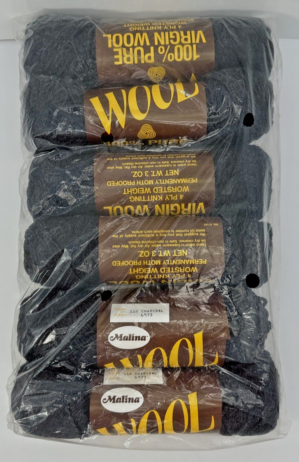 Lot of 6 Vtg Malina 100% Pure Virgin Wool 4 Ply Knitting Yarn Charcoal 112 Gray