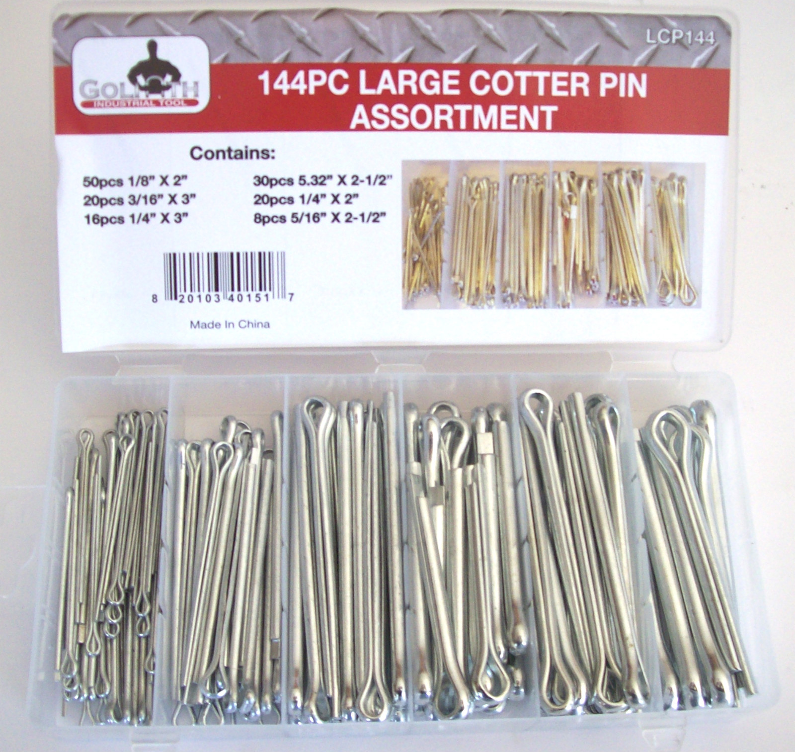 144pc GOLIATH INDUSTRIAL LONG COTTER PIN ASSORTMENT LCP144 SET EXTRA LARGE CLIP