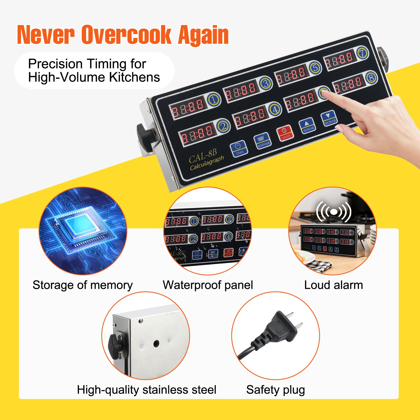 Commercial 8 Channels Digital Kitchen Timer; Stainless Steel Calculagraph Timer