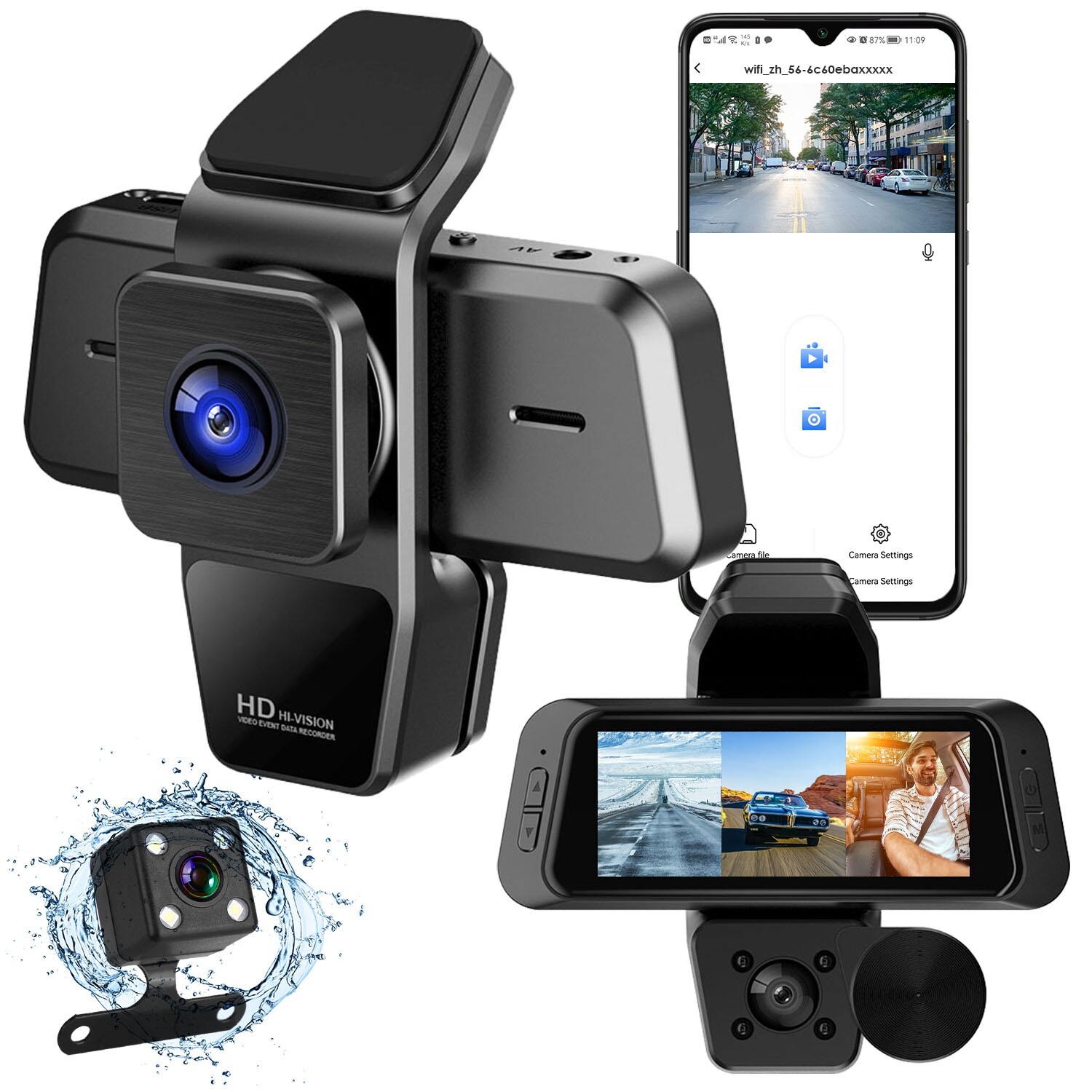 1080P 3 Channel WiFi Dash Cam 170° Angle Triple Car Camera w/ IR Night G-Sensor