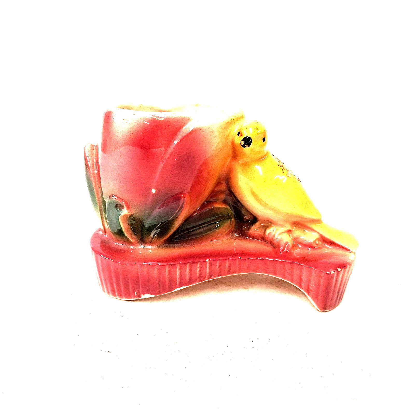 Vintage Ceramic Yellow Bird Red Tulip Planter Flower Pot USA Spring Cottage Deco
