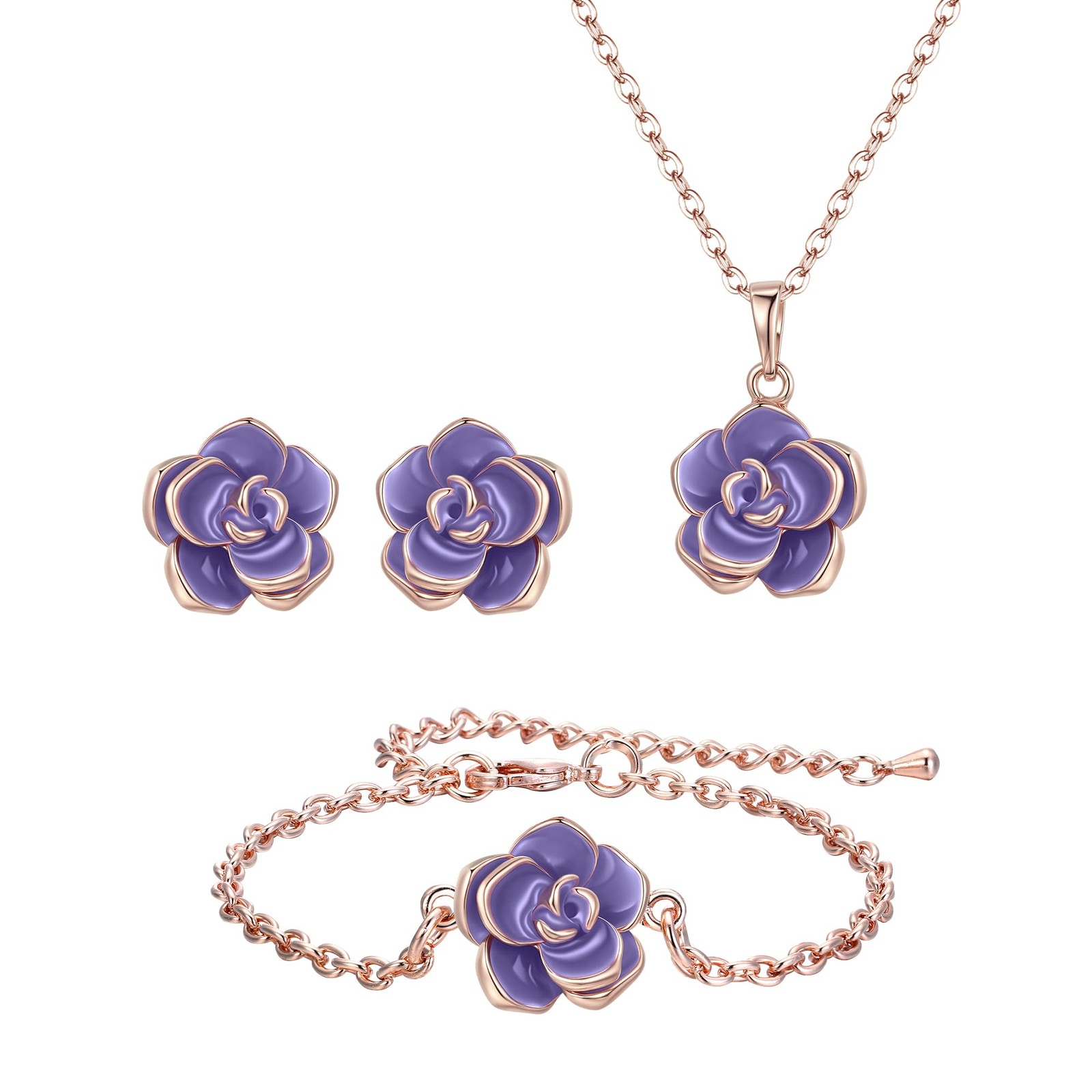 Gift for Mom Rose Flower Necklace Earrings Bracelet Purple Jewelry Set For Her
