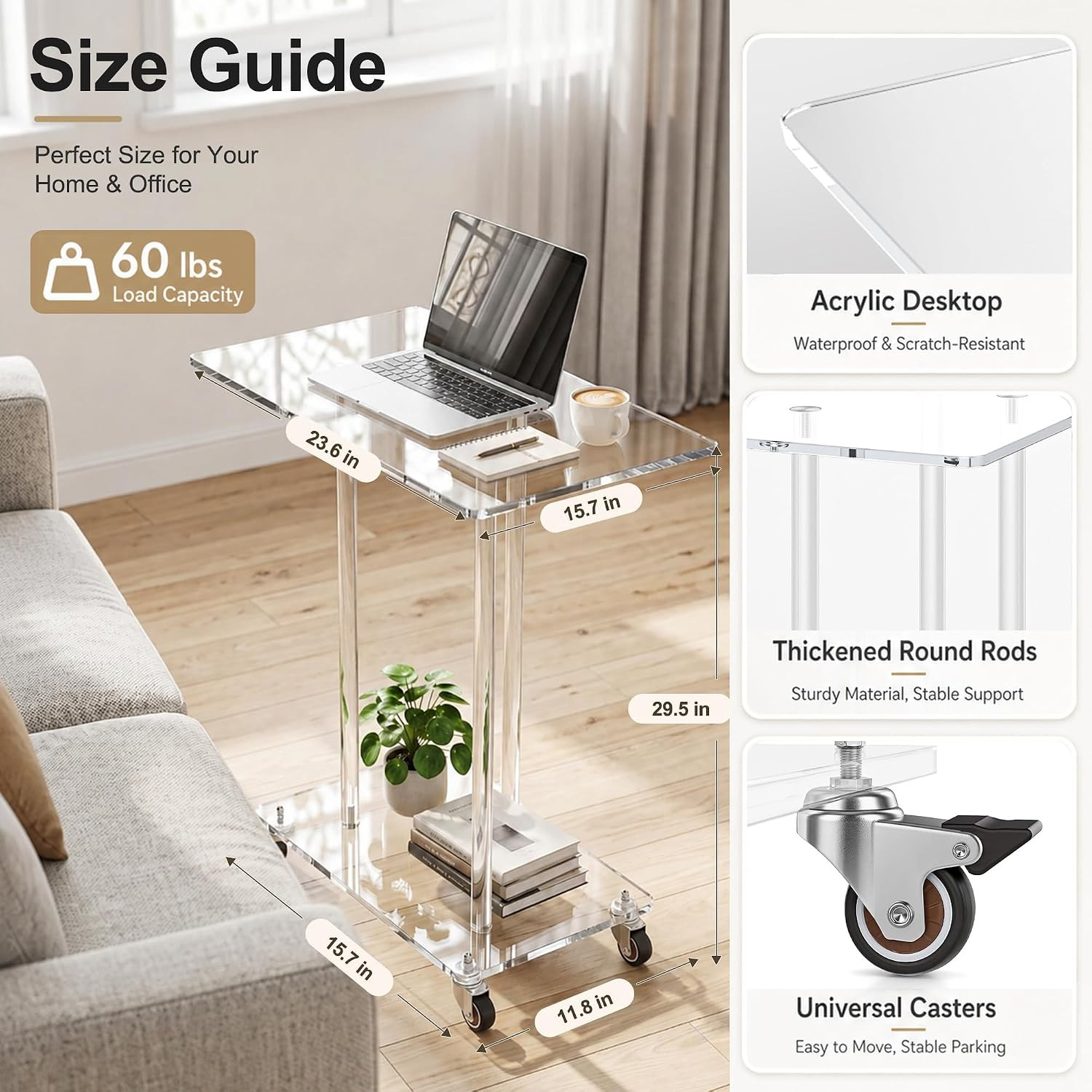 Acrylic Mobile Computer Desk, Clear Rolling Laptop Table with Wheels, Modern Tra