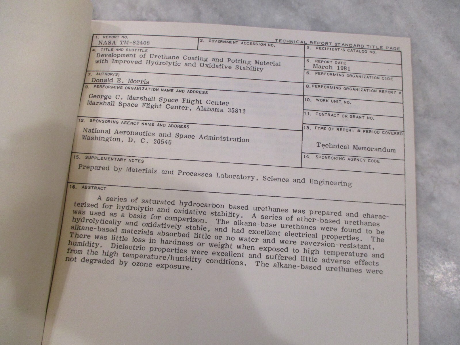 NASA MSFC SPACE SHUTTLE EXTRATERRESTRIAL/SRB/COATING/ENVIRONMENT MATERIALS MEMOS