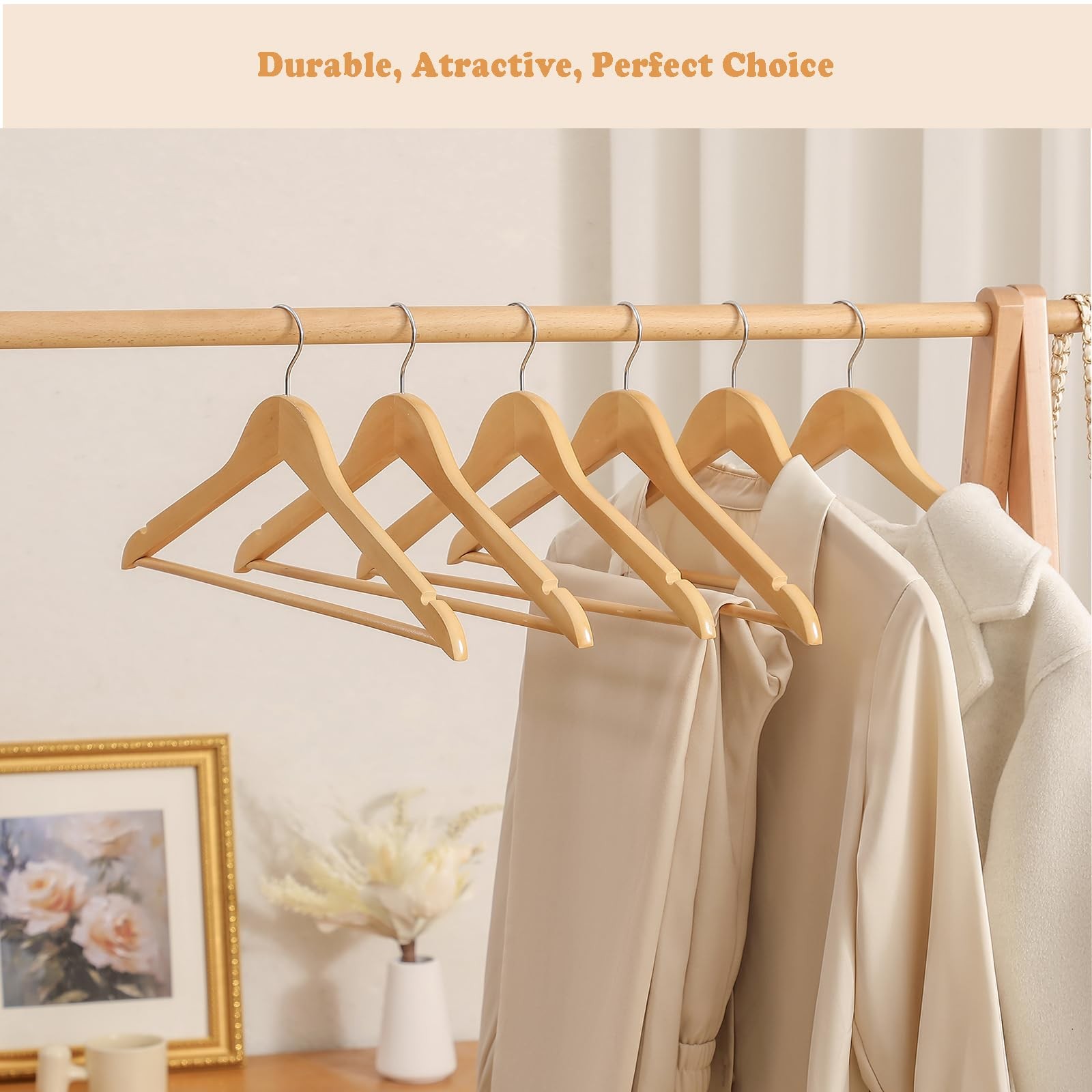 20 Pack Hanger Natural Color Wood Suit Hangers with Round bar and 360° Rota-T...