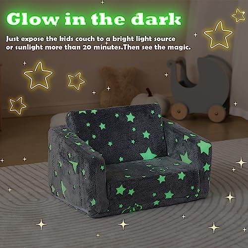 Kids Couch Fold Out, Foldable Toddler Couch with Blanket, Kids Glowing Star