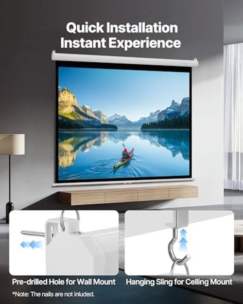 Manual Projector Screen, 72 inch 4:3 4K 1080 HD Retractable Pull Down WS72