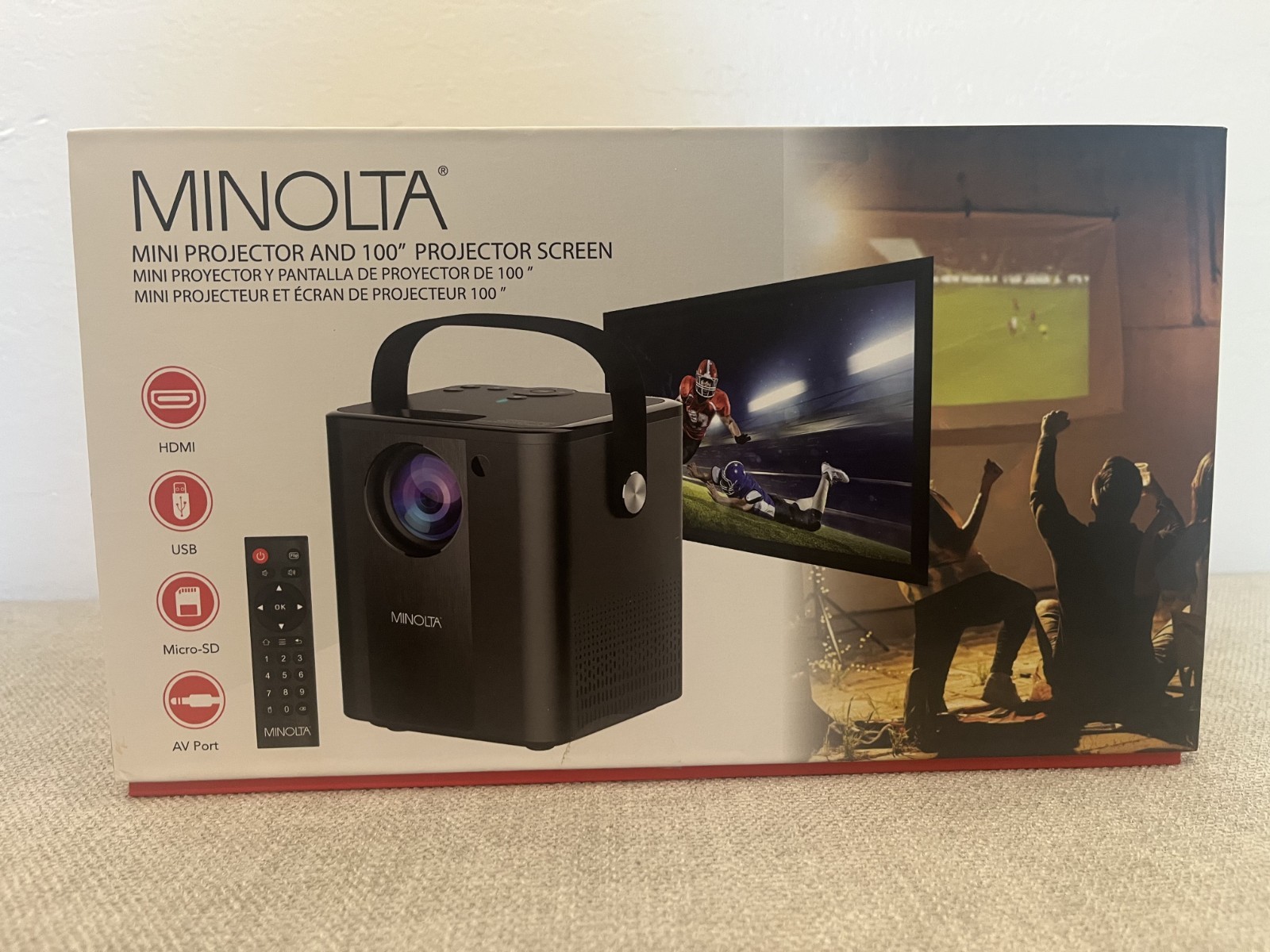 Minolta Mini Projector Bundle 1080P HD w/ 100" Screen, Remote, HDMI/USB/Micro-SD