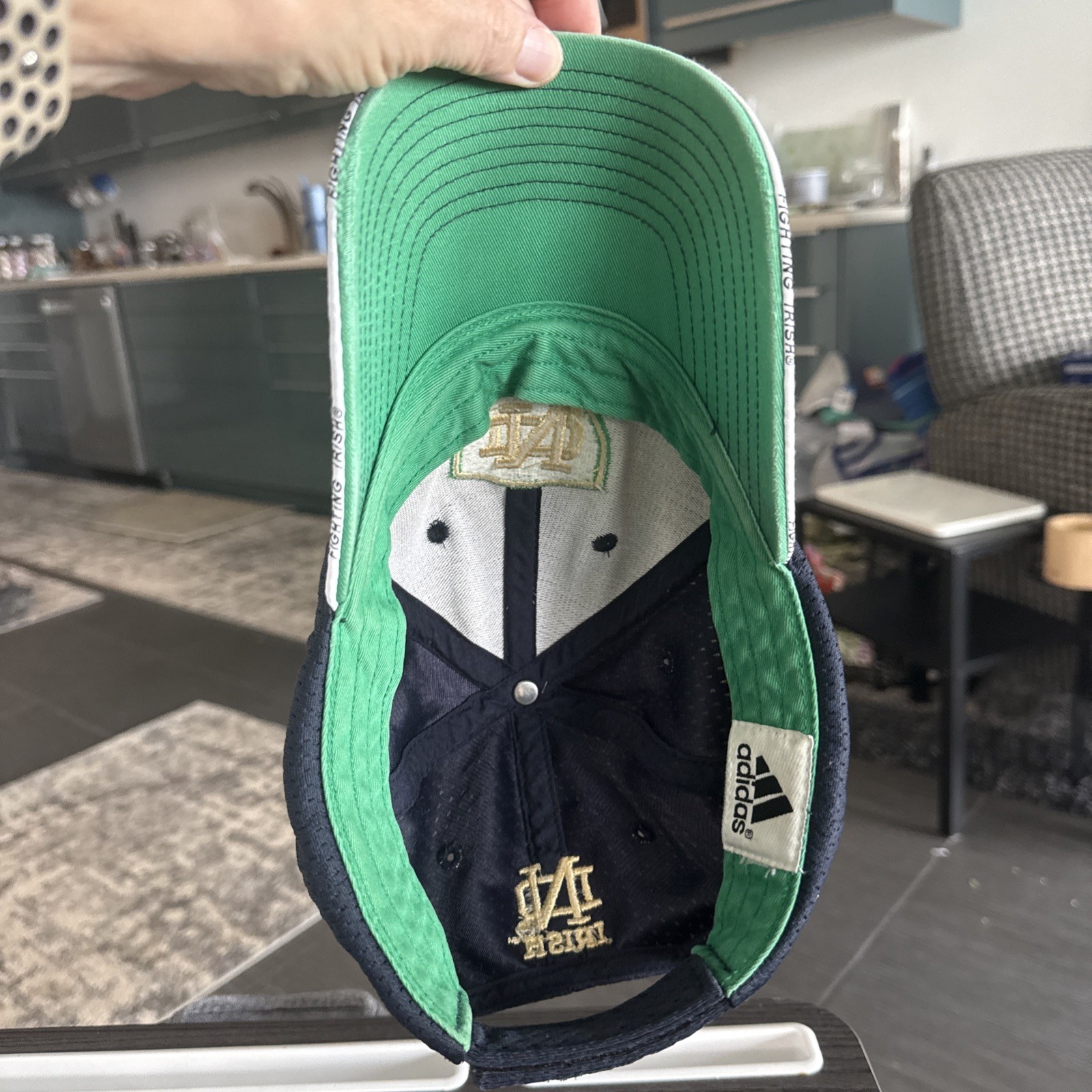 Notre Dame ND Gold Letters on Green Shield on Navy Adidas Hat Cap Hook Loop