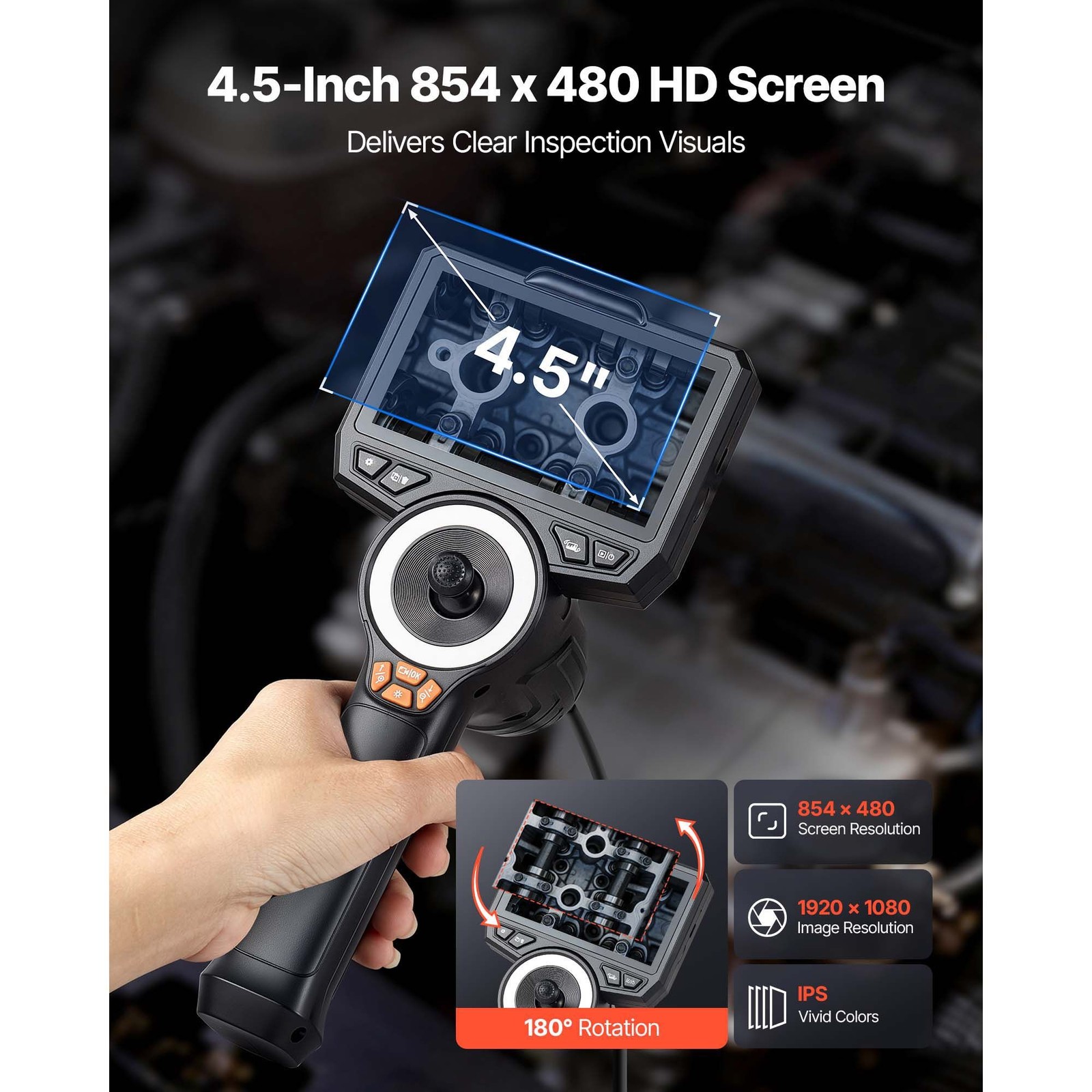 3.9mm Slim Borescope 4-Way Articulating with 4.5" HD Screen