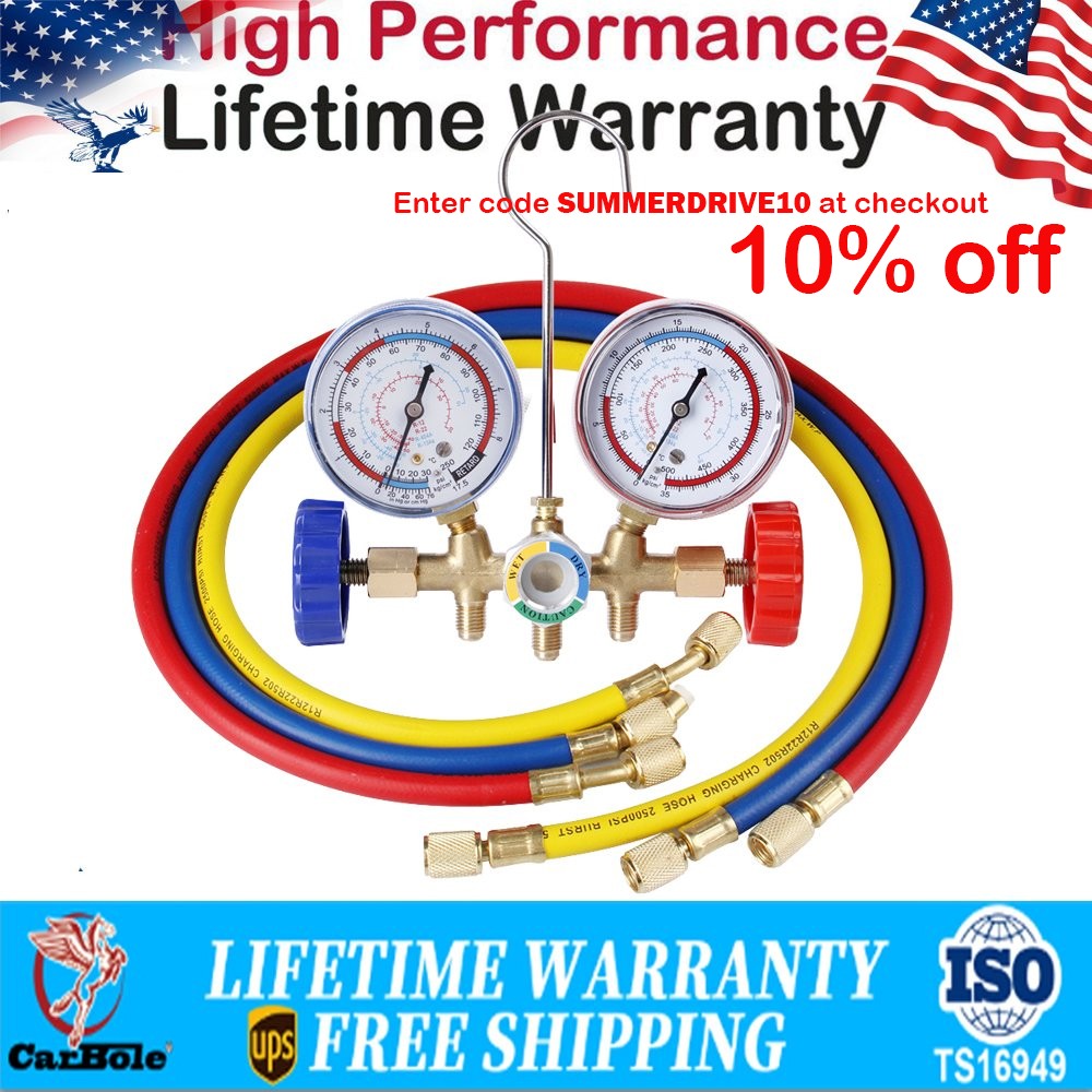 AC Diagnostic Manifold Gauge A/C Tool Kit Charging Hoses Refrigerant 3-Way Hose
