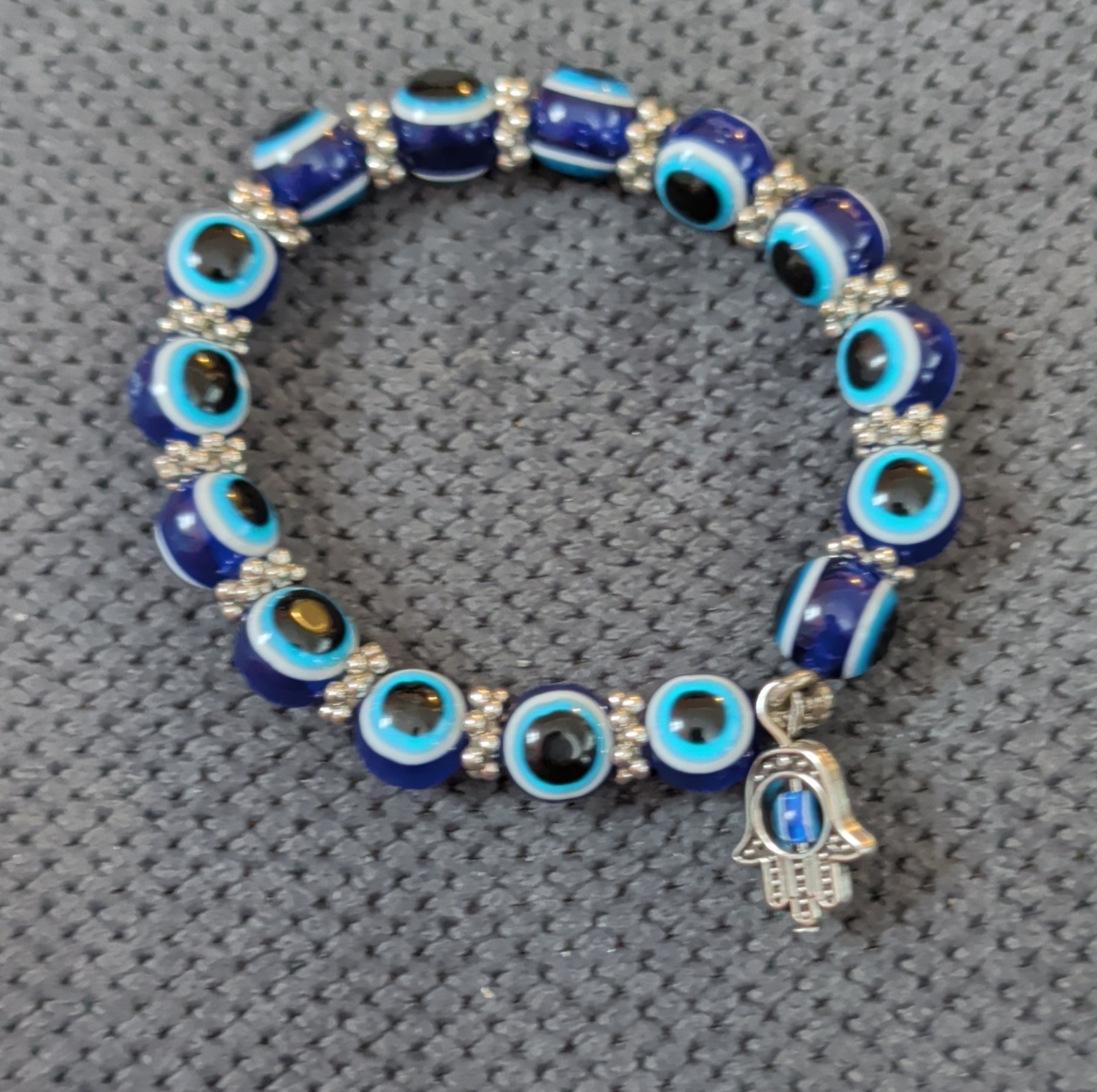 Beaded Bracelet Blue Silver Black Round Glass Metal Evil Eye Hamsa Dangle Charm