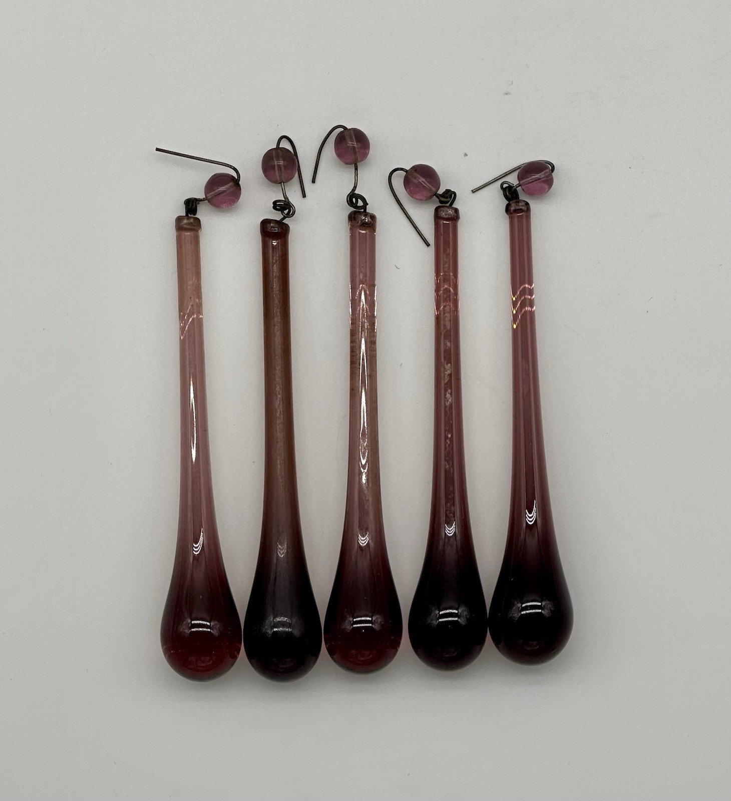 Set of 5 Czech Amethyst Purple Glass Chandelier Parts 4” - 4-1/2” Tear Drops