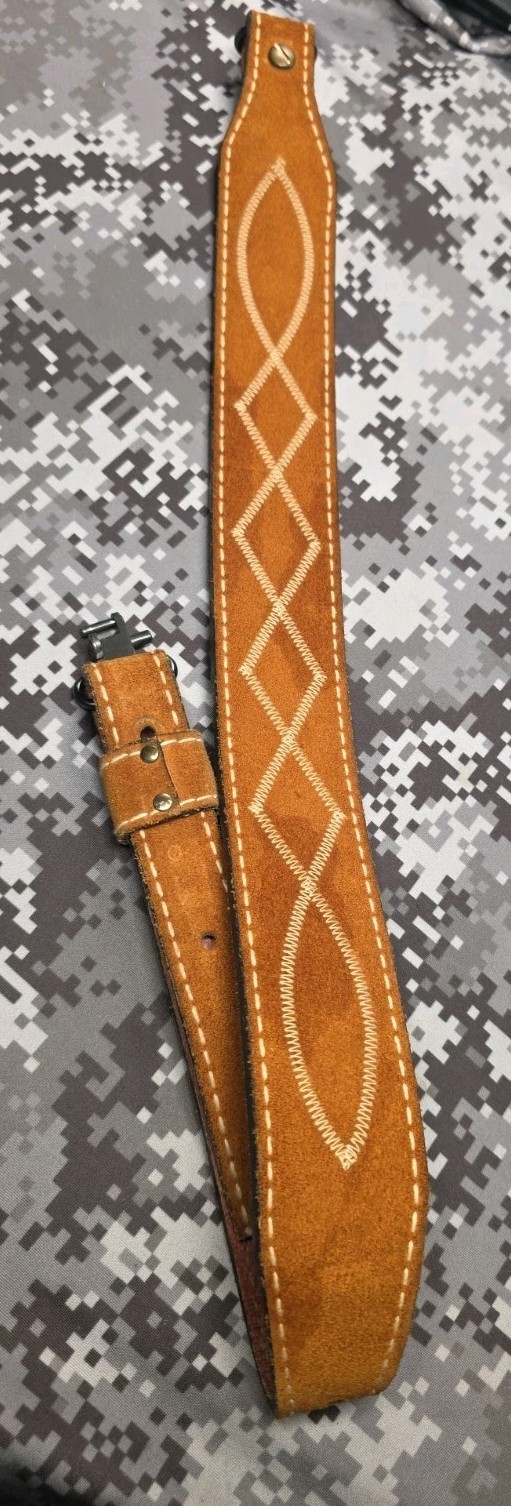 WHITE STITCHED DESIGNED BROWN SUEDE LEATHER RIFLE SLING WITH SWIVELS
