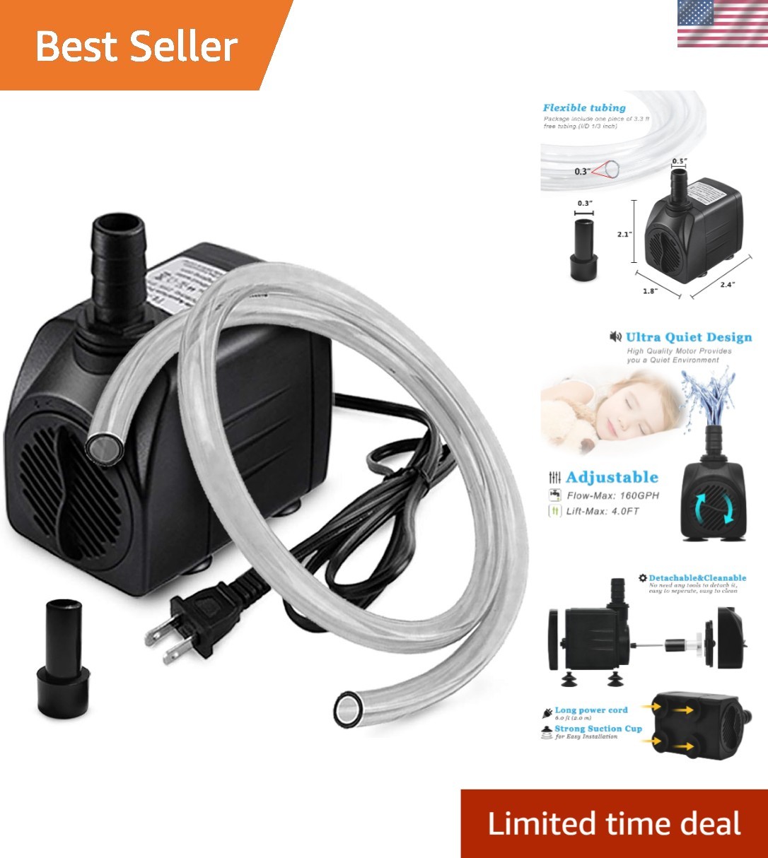 Small Ultra Quiet Fountain Pump - Perfect for Indoor Fountains & Gardens