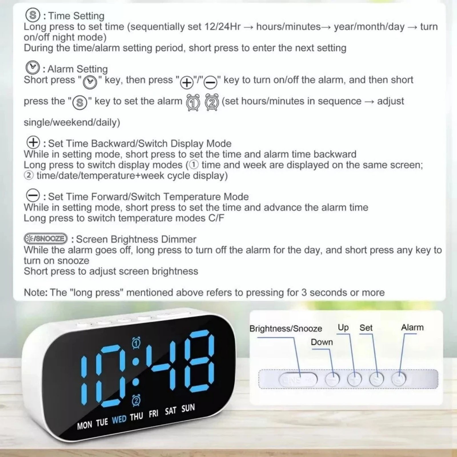 Auto Dimming Large LED Display Digital Alarm Clock With Snooze For Bedroom