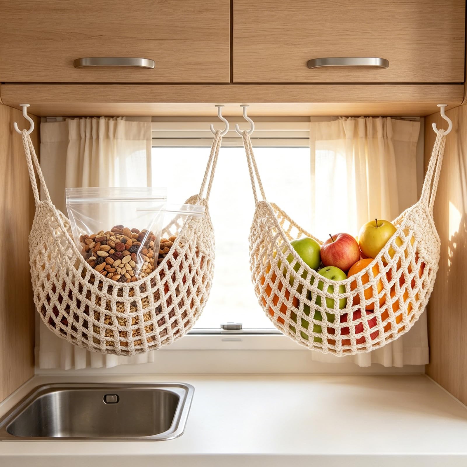 Hanging Fruit Hammock Under Cabinet Cotton Macrame Fruit Storage Net with 4 H...