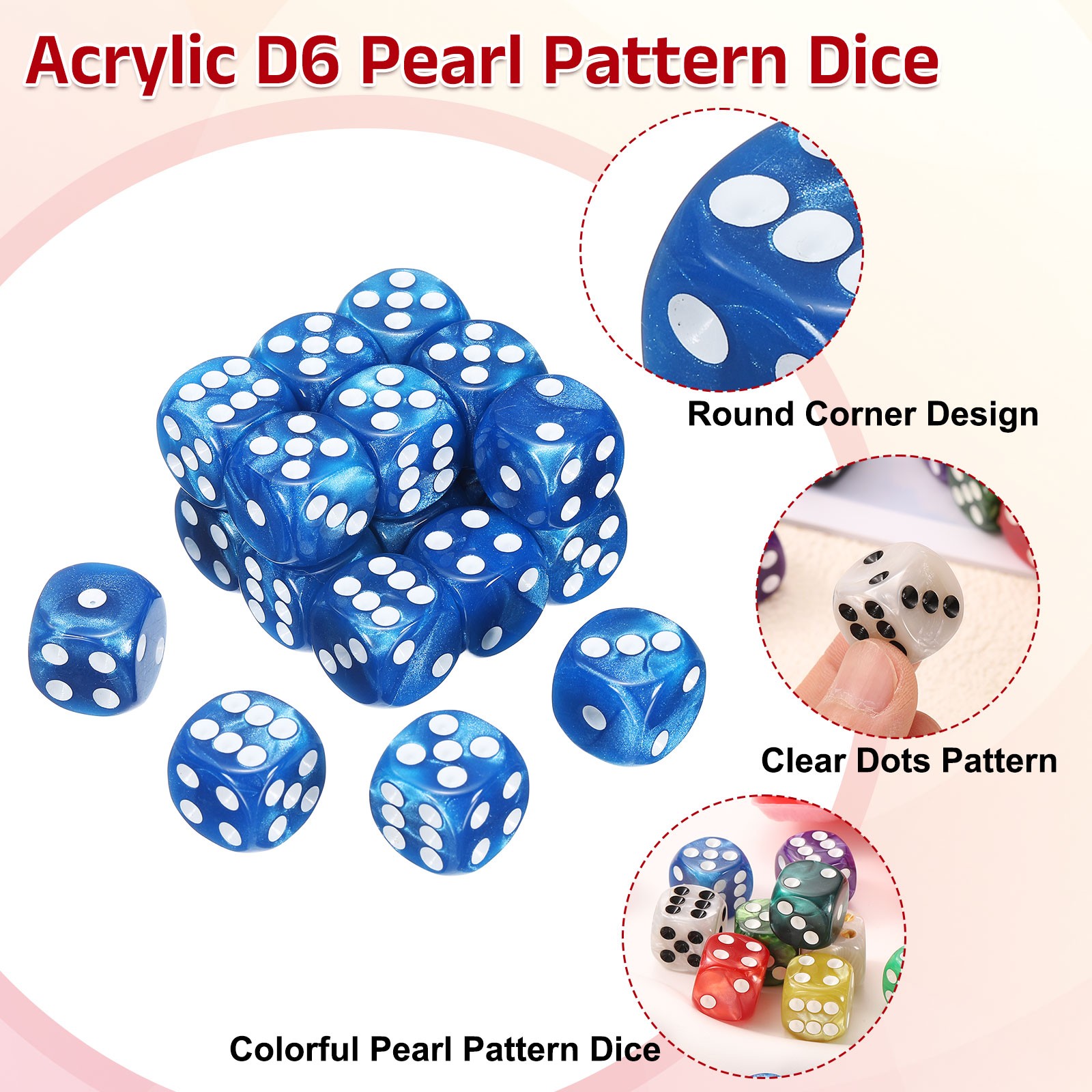24Pcs 6 Sided Colored Standard Dice, Acrylic D6 Pearl Pattern Dice, Blue