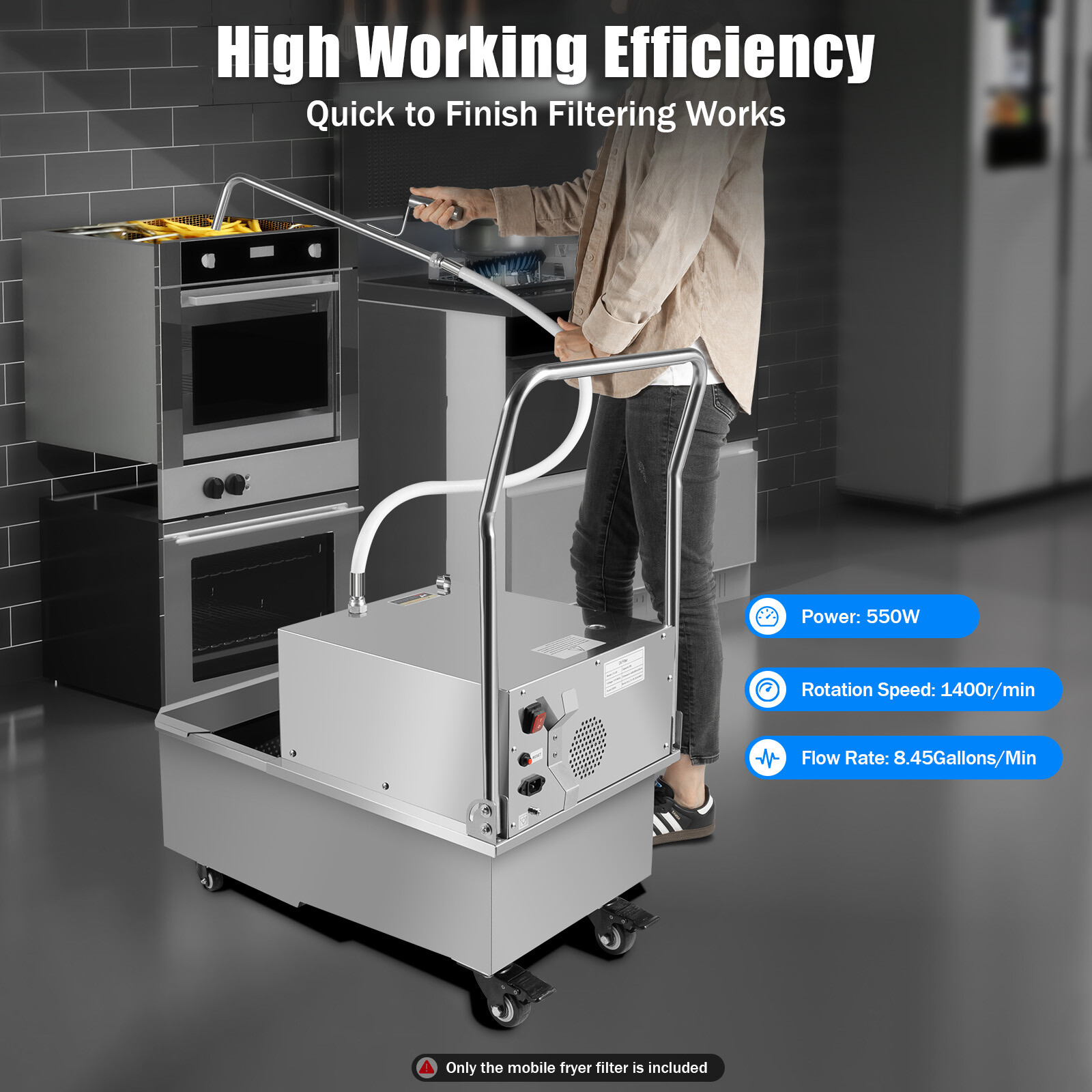 55L Fryer Oil Filter Cart Machine Commercial Kitchen Oil Filtration System USA