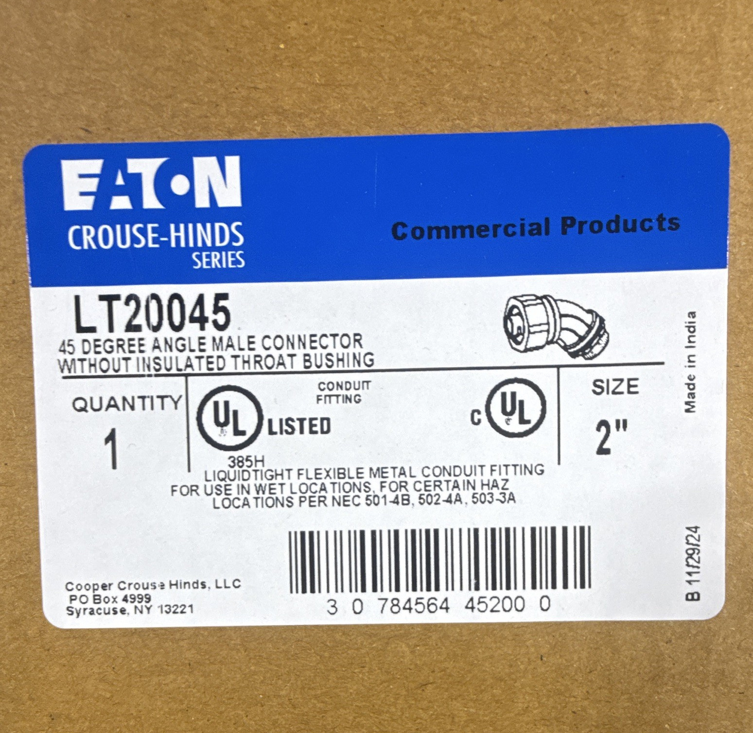Eaton Crouse-Hinds LT20045 Liquid-Tight 2in 45° Threaded Male Connector