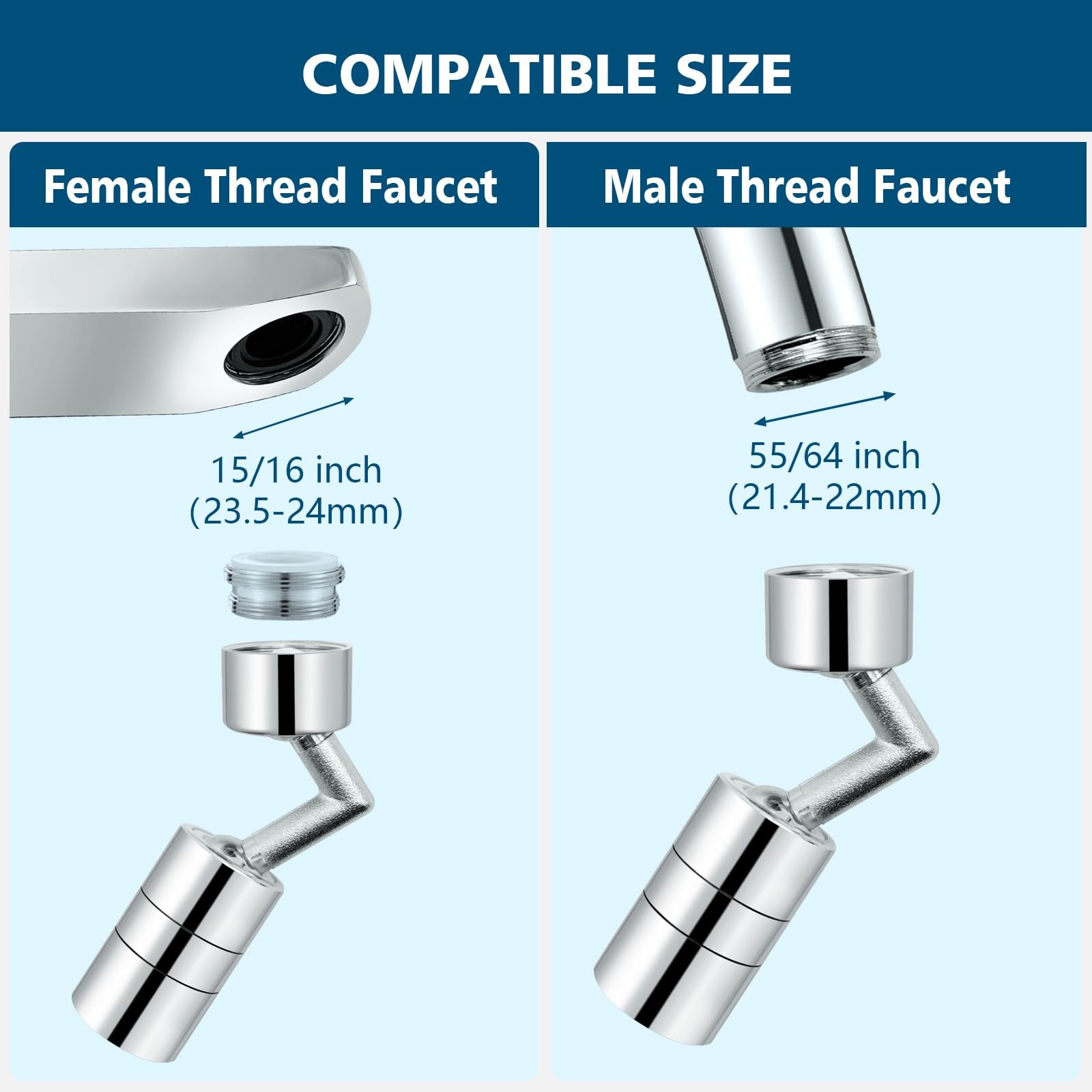 720° Rotating Water Controller 2-Flow Sink Attachment 55/64" Chrome Extender
