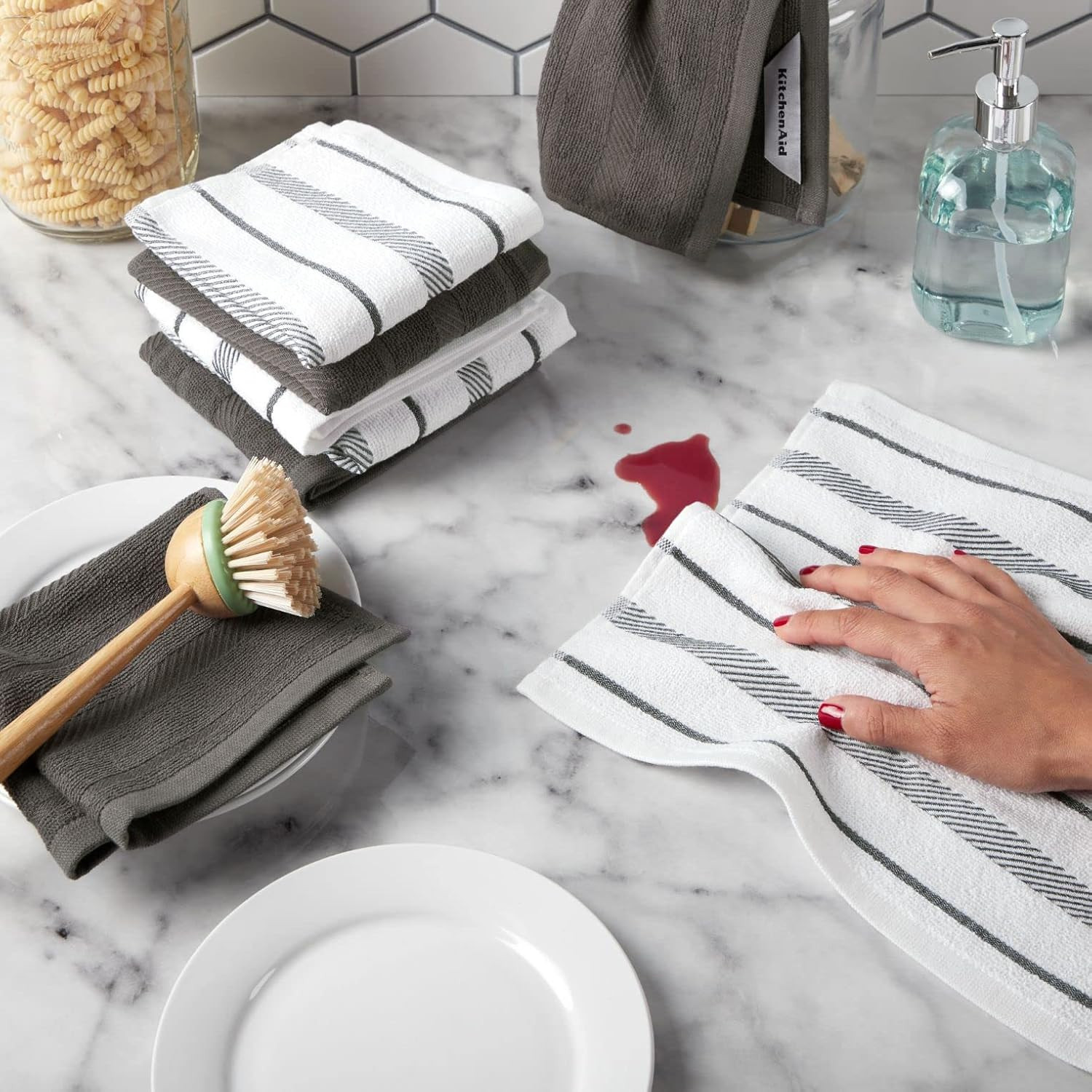 Albany Dishcloth 8 Pack Set, Charcoal Grey/White, 12"X12"