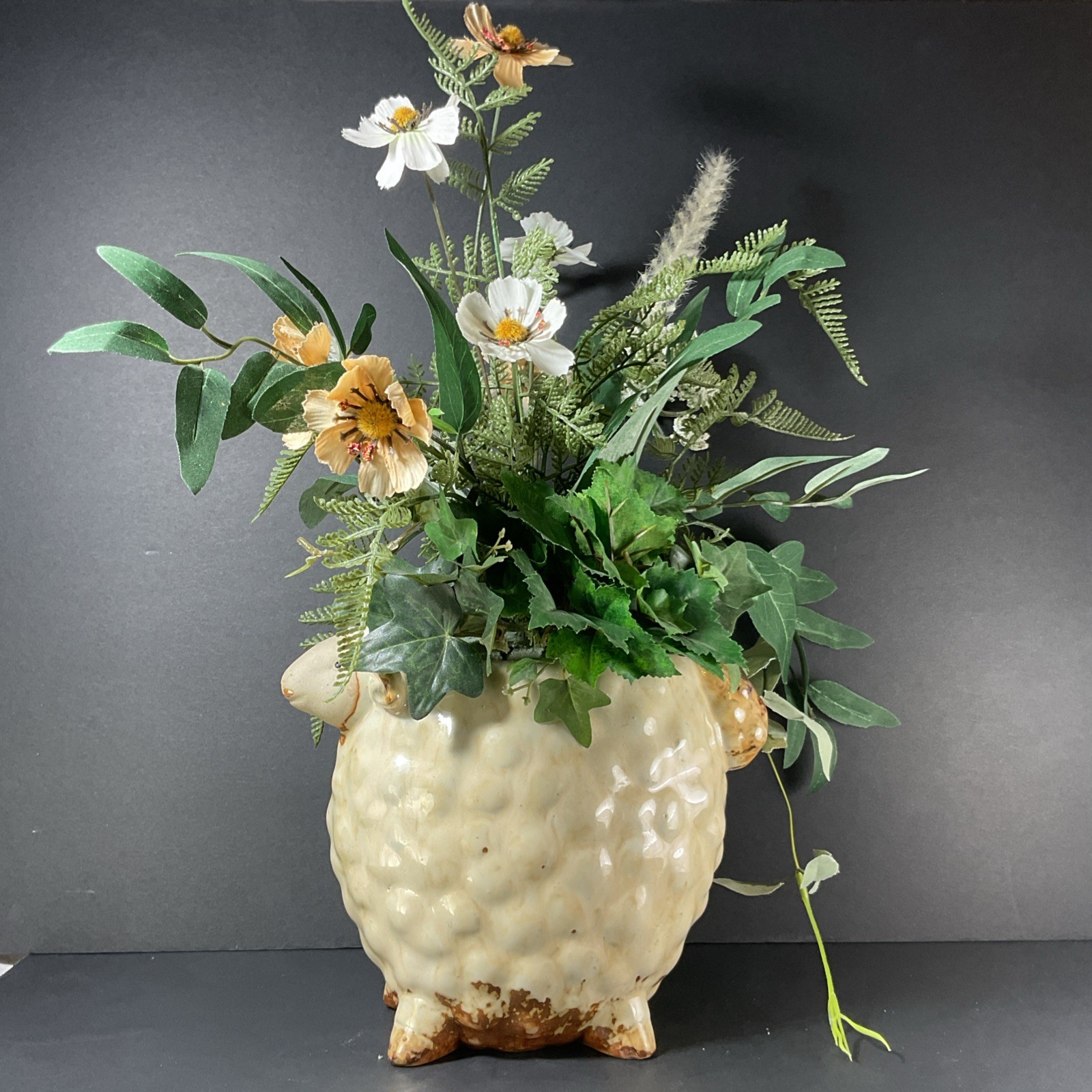 Pottery Sheep Planter silk floral foliage lamb pot Cottagecore Farmhouse Decor