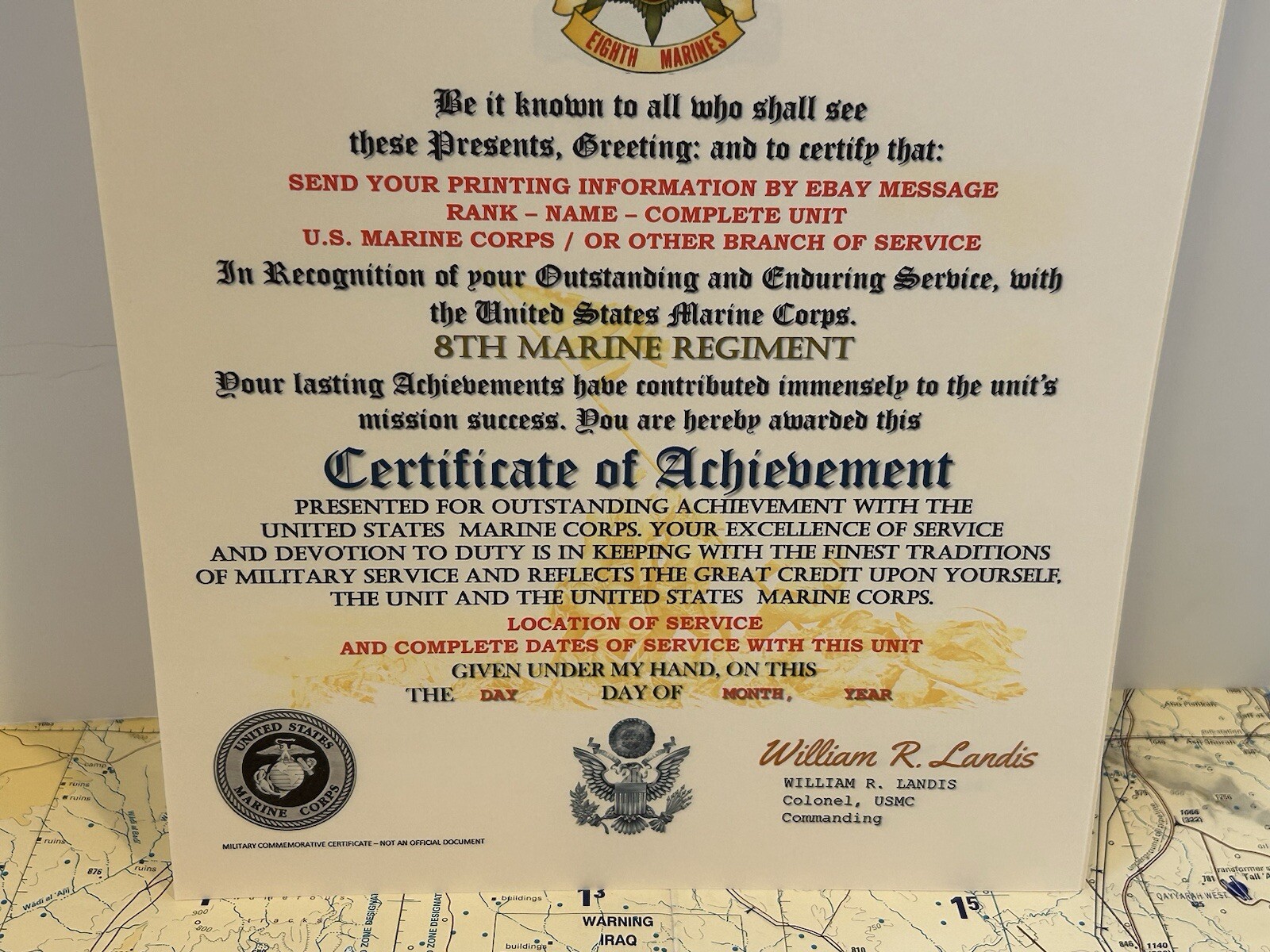 U.S.M.C. / 8TH MARINE REGIMENT - CERTIFICATE OF ACHIEVEMENT