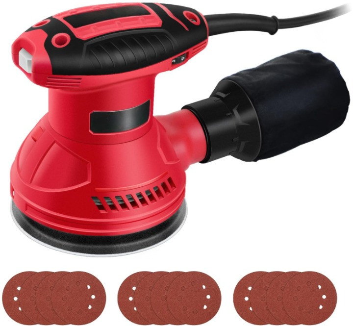 Lijadora orbital 5" 3.0A 6 velocidades 7000-14000RPM con 12 lijas madera, Nuevo