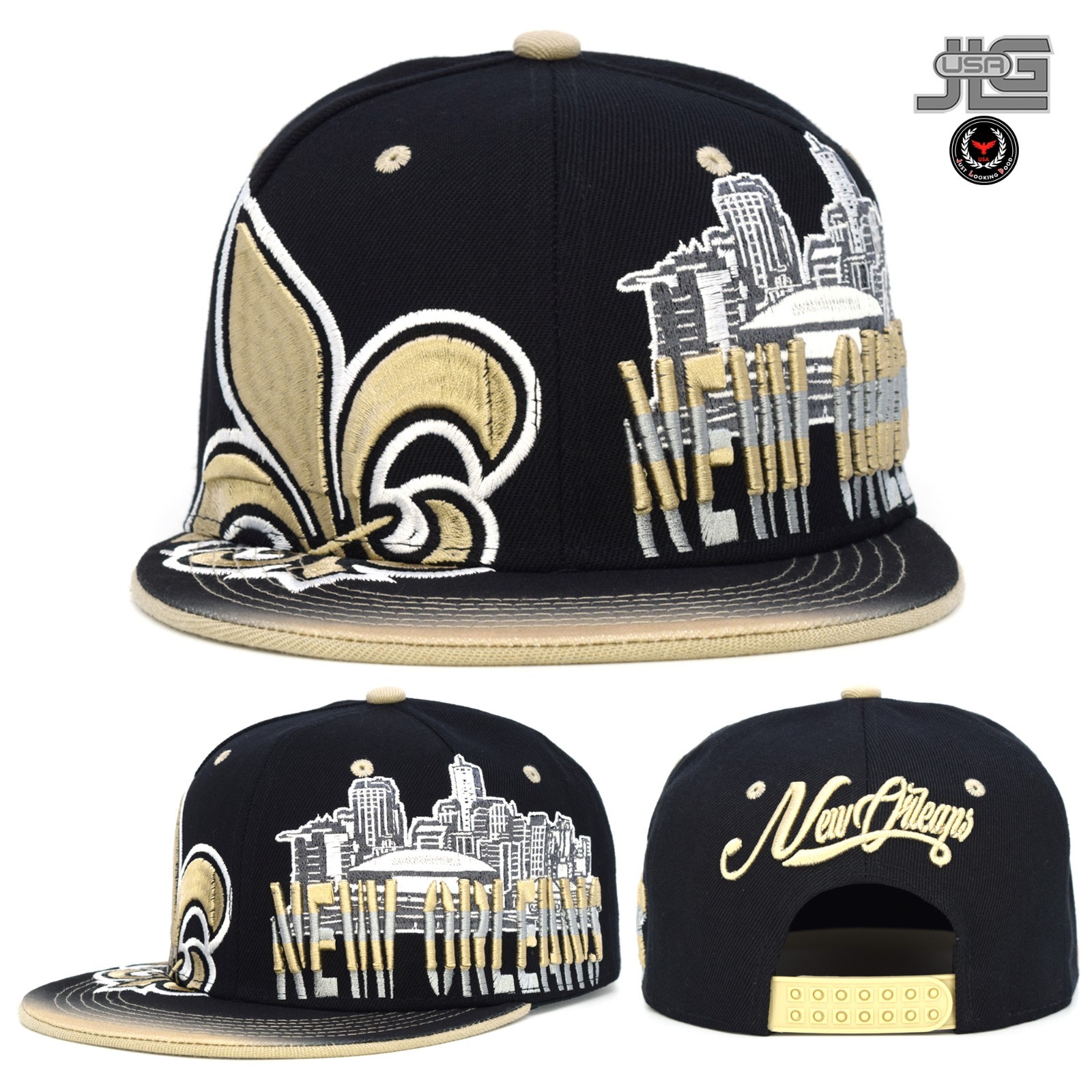 New Orleans City Rise Downtown Hat Fleur-de-Lis Black Khaki Adjustable Snapback