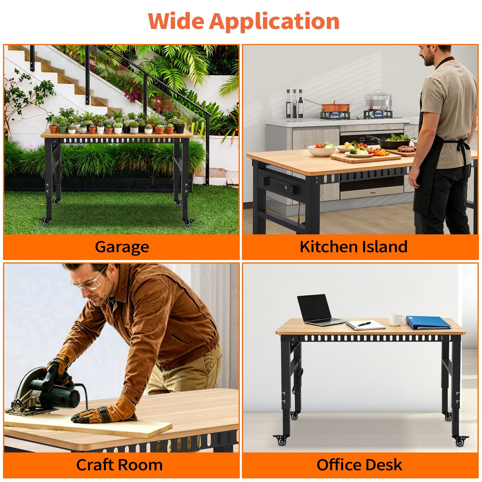 Height Adjustable Workbench 48"x 24" Large Capacity Heavy-Duty Power Outlets