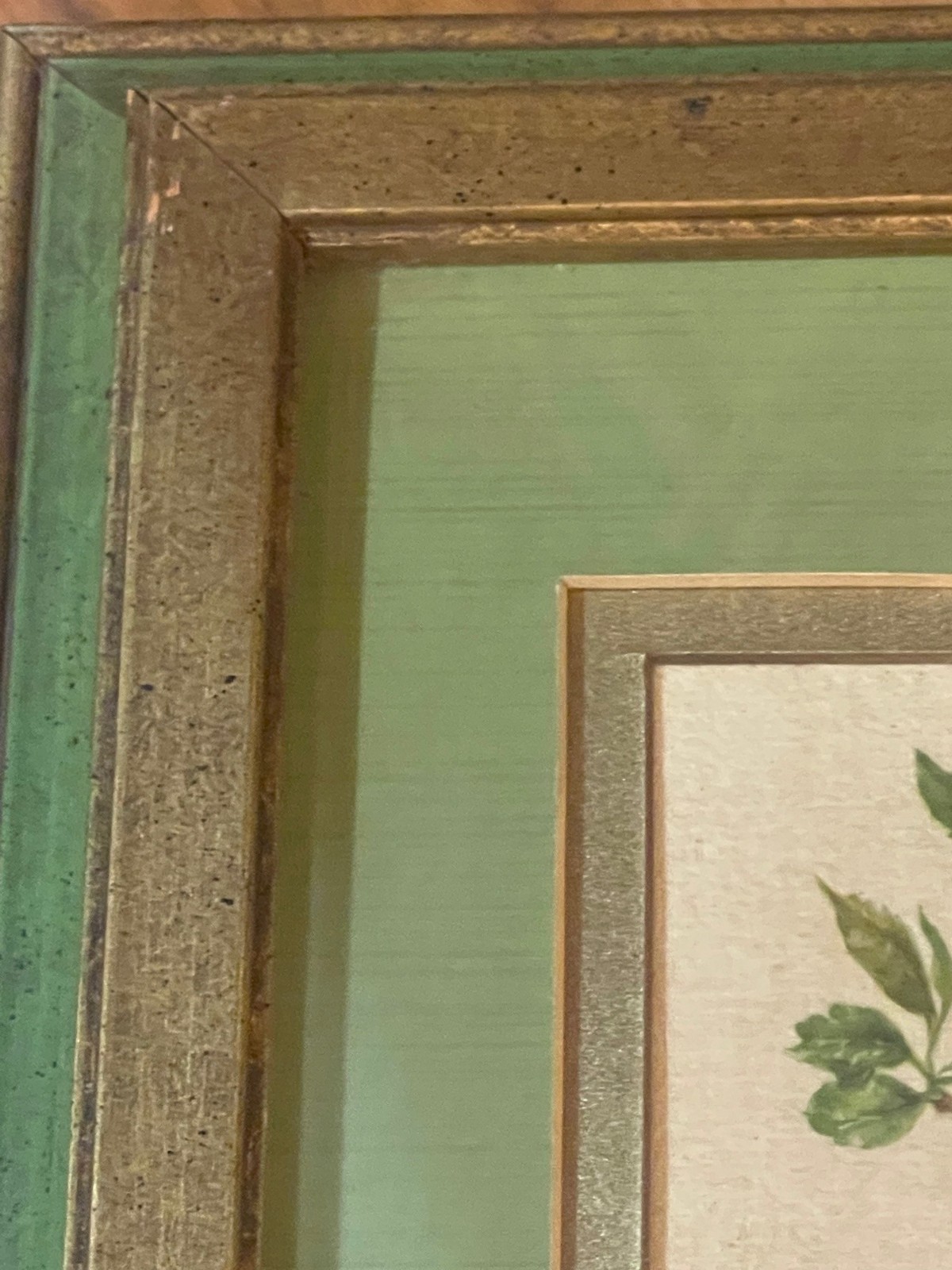 vintage wall art work gold green wood framed shabby chic Chaenomeles print READ