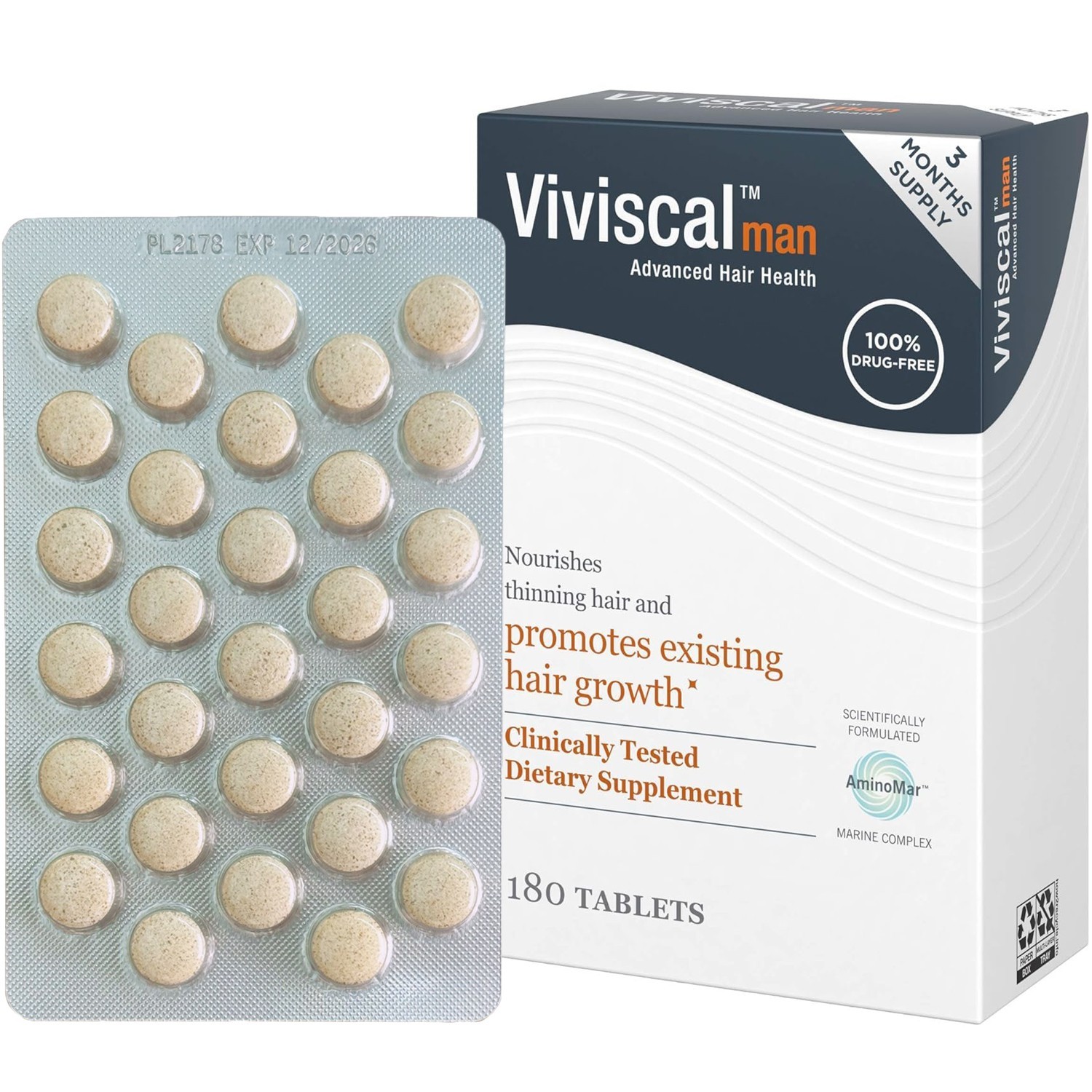 Viviscal Men Hair Growth Supplements 180 Tablets - 3 Month Supply exp12/2026