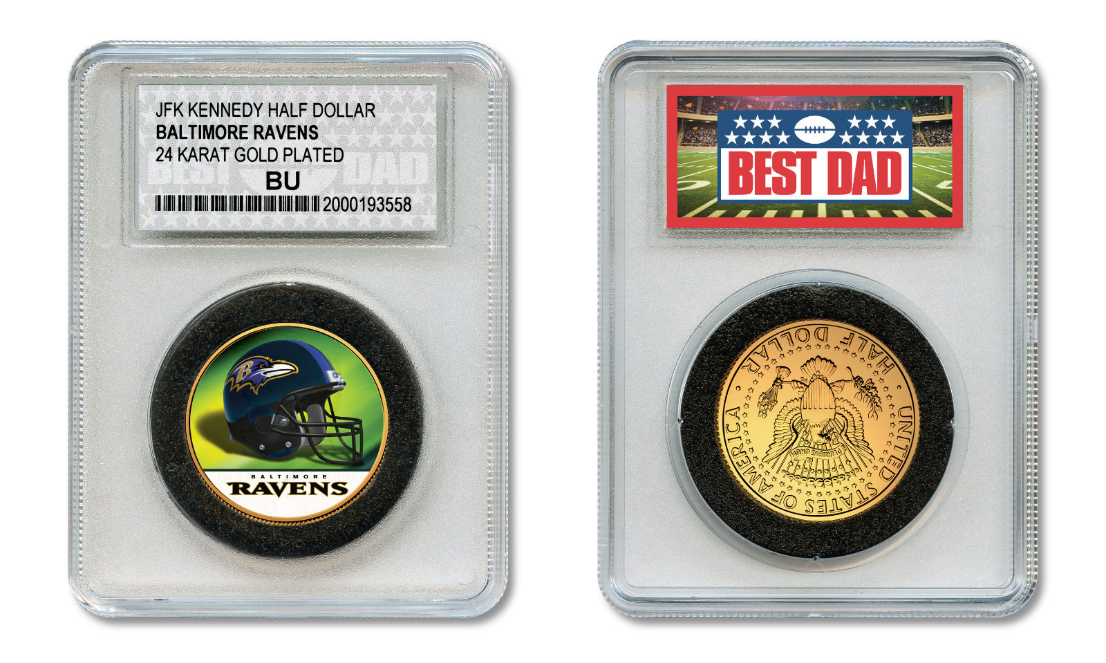 BALTIMORE RAVENS #1 DAD Licensed NFL 24KT Gold Clad JFK Coin in Slabbed Holder