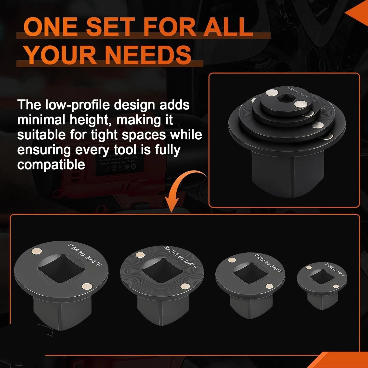 4-Pack Low Profile Impact Socket Adapter Set, Drive Reducing Ratchet Adapter Set