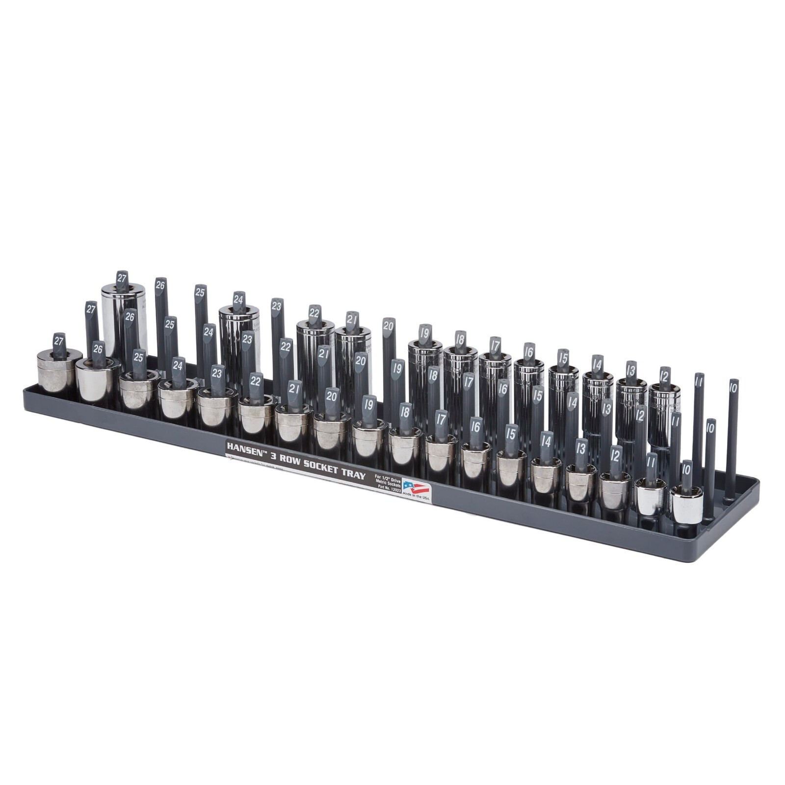 Hansen 1/2" Socket Tray Organizer Holder Metric 3 Row MM Shallow Semi Deep Gray