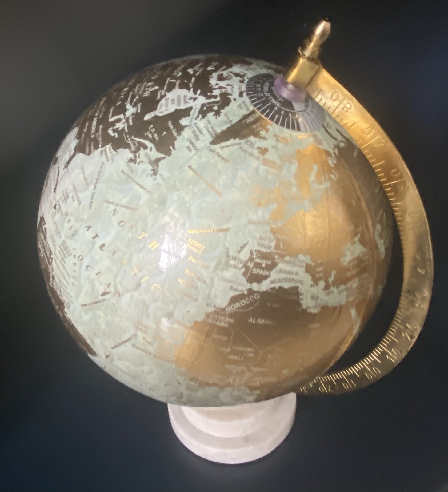Gold ,Light Blue and White Decorative Globe with Marble Base, Rotating, 8"